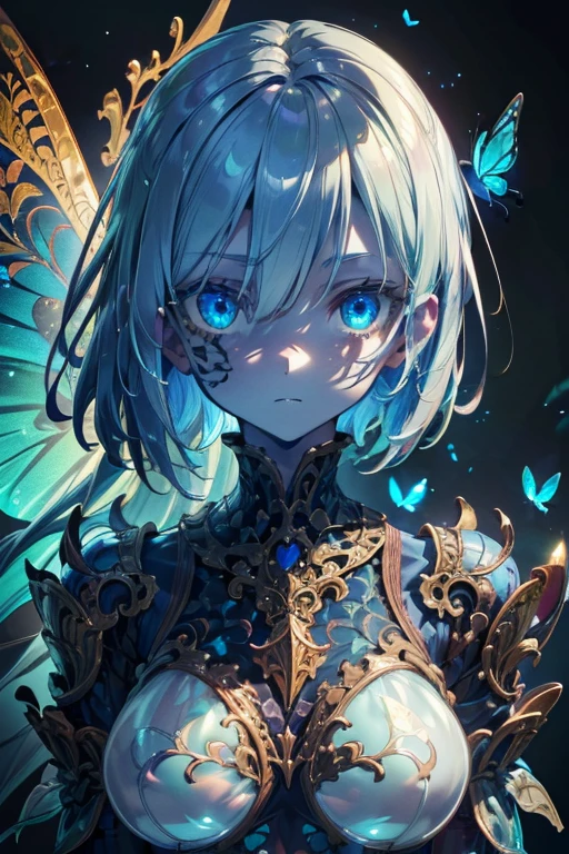 girl with blue butterfly wings, (Translucent skin:1.2), No humans, blue hair, partial fused exoskeleton, Beautiful eyes with fine symmetry, (Intricate details:1.4), (Highly detailed face and eyes:1.2), slim figure, many blue spectral butterflies, low angle shot, anime, fantasy, detailed background, 2D, CG, (Highly detailed), (high resolution), (Best quality), (masterpiece)
