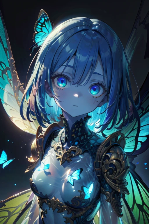 girl with blue butterfly wings, (Translucent skin:1.2), No humans, blue hair, partial fused exoskeleton, Beautiful eyes with fine symmetry, (Intricate details:1.4), (Highly detailed face and eyes:1.2), slim figure, many blue spectral butterflies, low angle shot, anime, fantasy, detailed background, 2D, CG, (Highly detailed), (high resolution), (Best quality), (masterpiece)
