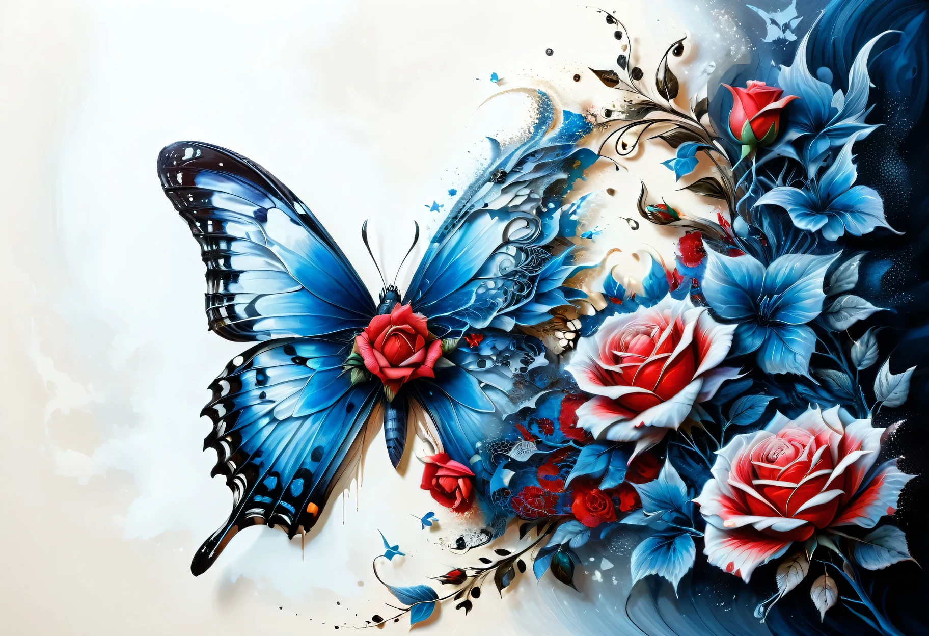 A two-layer painting with the effect of surreal volume by superimposing layers in different styles, a surreal grotesque image ((blue butterfly)) and (red rose flower) on one layer, surrounded by an elegant edging with an intricate pattern made by the second layer, the combination of two layers creates the illusion of volume, canvas, acrylic, transparency, filigree, clarity