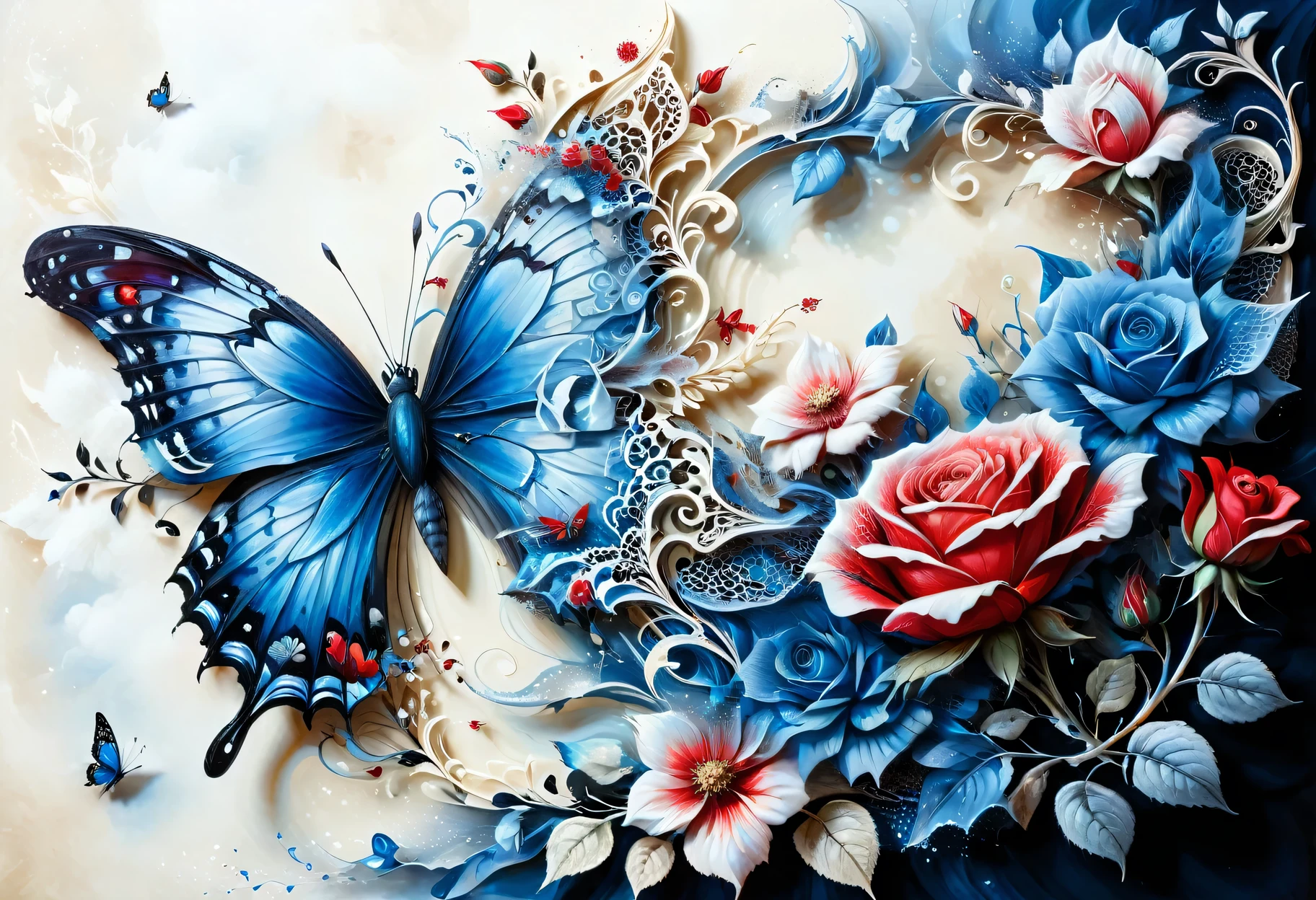 A two-layer painting with the effect of surreal volume by superimposing layers in different styles, a surreal grotesque image ((blue butterfly)) and (red rose flower) on one layer, surrounded by an elegant edging with an intricate pattern made by the second layer, the combination of two layers creates the illusion of volume, canvas, acrylic, transparency, filigree, clarity