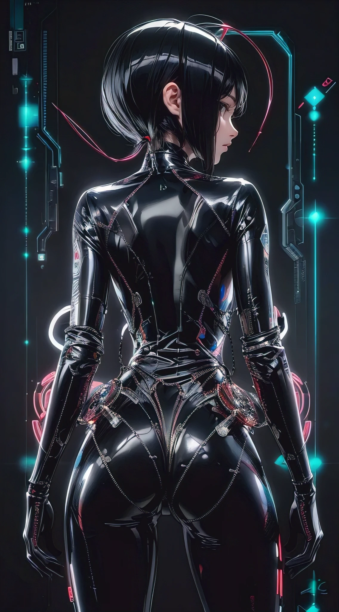 (best quality,4k,8k,highres,masterpiece:1.2),ultra-detailed,(realistic,photorealistic,photo-realistic:1.37), a groundbreaking and visually stunning 3D rendering of a futuristic female figure, the superbly crafted suit is made of ultra-shiny black carbon latex, featuring intricate electronic patterns that accentuate the figure's curves. The suit is adorned with multicolored neon lights and enhanced with electronic circuit details. The overall design seamlessly merges the boundaries between humans and machines, electronics, and cyberpunk influences. The artist's expert use of artificial intelligence brings this captivating and imaginative masterpiece to life, blending illustration, anime, fashion, and portrait photography., illustration, anime, fashion, portrait photography
