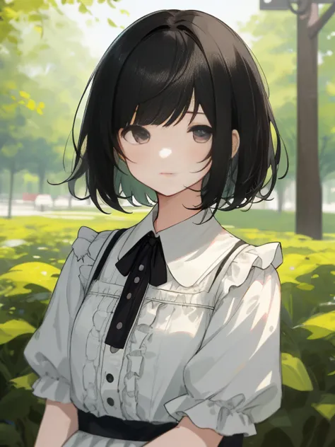 masterpiece, highest quality, One Girl, Upper body,,short hair,Short bangs , Half-open eyes、Black-haired, Casual clothing, Frill...