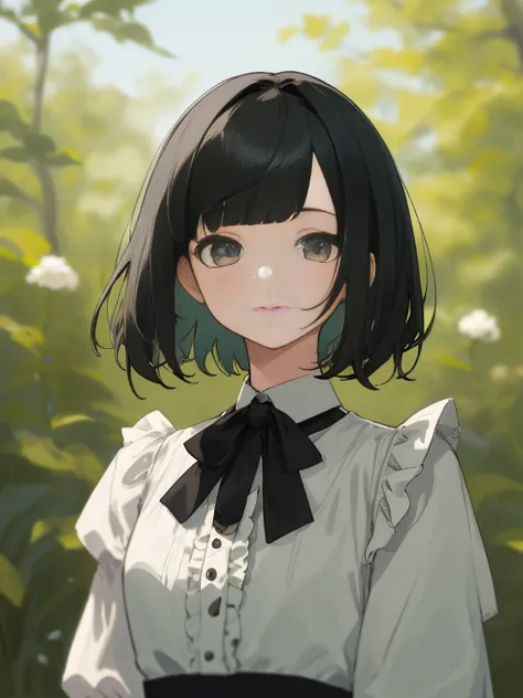 masterpiece, highest quality, One Girl, Upper body,,short hair,Short bangs , Half-open eyes、Black-haired, Casual clothing, Frill...