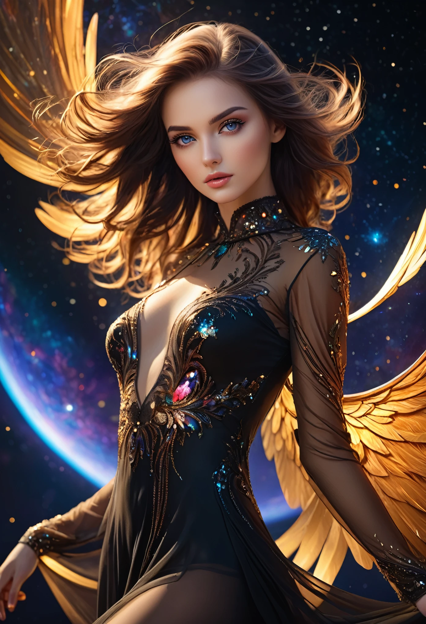 ((space, Distant stars), (Fantastic image, very beautiful - space girl), (1 girl; 1.3), (Face. figure))). ((Graceful forms. Graceful girl). (high quality), (stylization - animation, realism). (Dark cool colors mixed with warm shades). (angel girl), (photorealistic, Cinematic picture), (high detail, complete black hole, 8K. dynamic expressive image)). ((Very detailed eyes and face))), Beautiful detailed eyes. masterpiece, Best quality, full length portrait, amazing beauty, dynamic pose, нежное Face, and bright eyes)). ((She wears transparent, semi-sheer dress, emphasizing a slim figure). (She&#39;s an angel, descended into the underworld. She&#39;s a savior, light in the dark kingdom, radiating a soft glow. High detail, Other worlds, light of distant stars), (detail, high quality), (Muffled light, dark environments - the spooky cinematic setting is great)). ((Girl with white skin, realistic detailed skin, clear focus, volumetric mist near the floor, 8K, UHD, SLR camera, high quality, granularity. photorealism, lomography, fantastic dark art, Utopian reality)). ((готическое Face, gothic horror atmosphere, зловещая gothic aesthetics), (gothic art style, creepy gothic portrait, dark fantasy, mixed with realism, gothic aesthetics)).((Realistic black leather)).