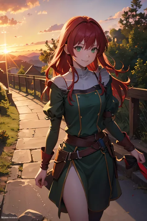 8k wallpaper, masterpiece, movie lighting, medieval setting, beautiful female rogue with red hair and greenish eyes walking on a...