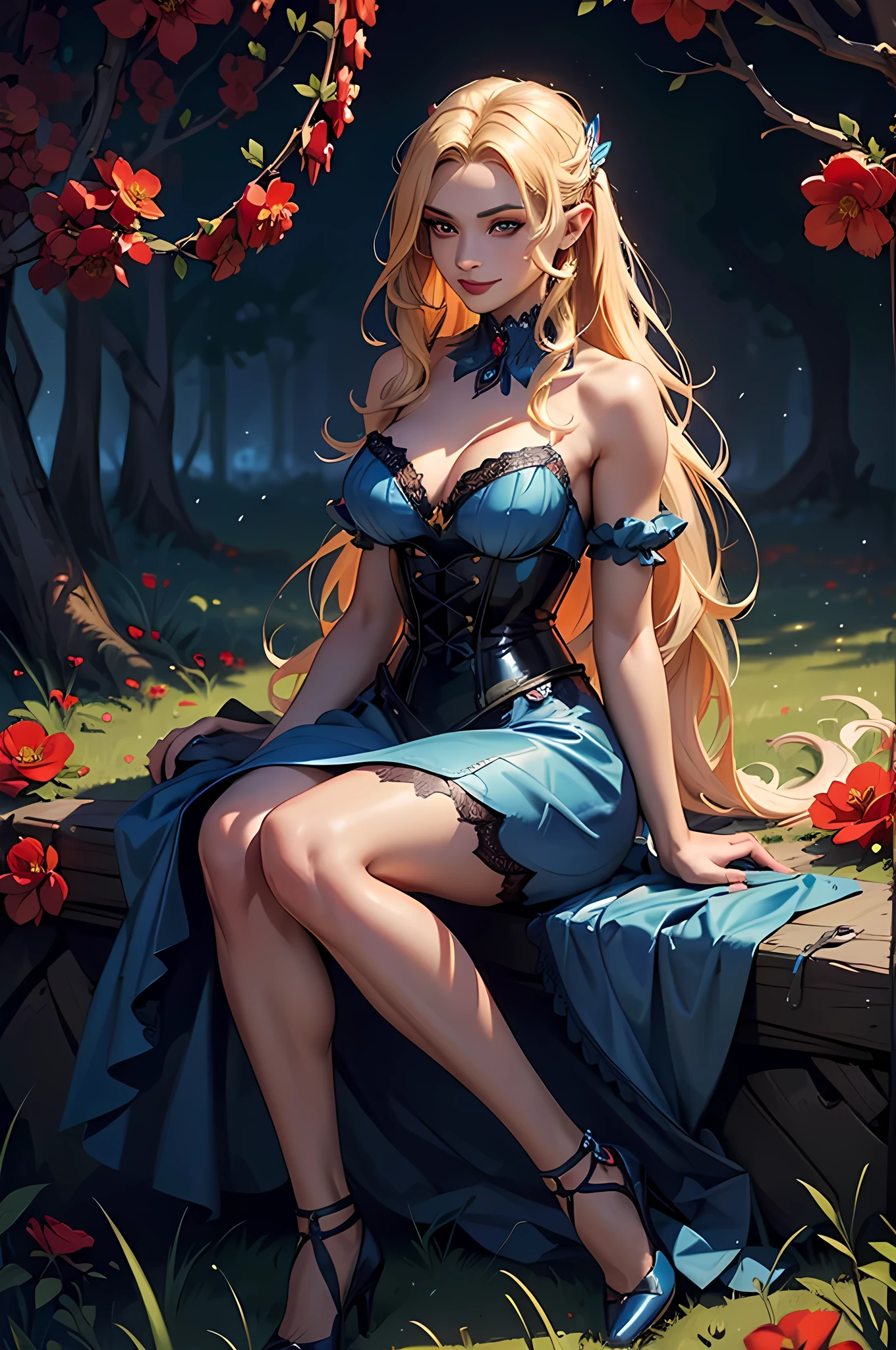 high details, best quality, 16k, RAW, [best detailed], masterpiece, best quality, (extremely detailed), full body, ultra wide shot, photorealistic, dark fantasy art, goth art, RPG art, D&D art, a picture of a dark female fairy resting in a flower meadow, extremely beautiful fairy, ultra feminine (intense details, Masterpiece, best quality), best detailed face (intense details, Masterpiece, best quality), having wide butterfly wings, spread butterfly wings (intense details, Masterpiece, best quality), (blue: 1.5)  colors wings (intense details, Masterpiece, best quality), (blond) hair, long hair, shinning hair, flowing hair, shy smile, innocent smile, (red: 1.3) eyes, dark blue lips, wearing [azure] dress latex corset (intense details, Masterpiece, best quality), dynamic elegant shirt, chocker, wearing (blue: 1.3) high heels, in various shades of red colored flower meadow (intense details, Masterpiece, best quality), (red flowers: 1.2) , (black flowers: 1.2), (white flowers: 1.2), (blue flowers: 1.3) [extreme many flowers] (intense details, Masterpiece, best quality), dark colorful flowers (intense details, Masterpiece, best quality), flower meadow in a dark goth field background, dim light, cinematic light, High Detail, Ultra High Quality, High Resolution, 16K Resolution, Ultra HD Pictures, 3D rendering Ultra Realistic, Clear Details, Realistic Detail, Ultra High Definition, #chinese cloth,