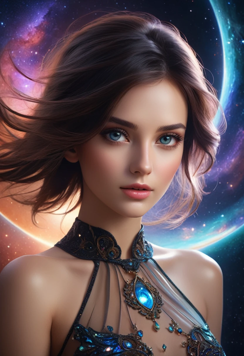 ((space, Distant stars), (Fantastic image, very beautiful - space girl), (1 girl; 1.3), (Face. figure))). ((Graceful forms. Graceful girl). (high quality), (stylization - animation, realism). (Dark cool colors mixed with warm shades). (angel girl), (photorealistic, Cinematic picture), (high detail, complete black hole, 8K. dynamic expressive image)). ((Very detailed eyes and face))), Beautiful detailed eyes. masterpiece, Best quality, full length portrait, amazing beauty, dynamic pose, нежное Face, and bright eyes)). ((She wears transparent, semi-sheer dress, emphasizing a slim figure). (She&#39;s an angel, descended into the underworld. She&#39;s a savior, light in the dark kingdom, radiating a soft glow. High detail, Other worlds, light of distant stars), (detail, high quality), (Muffled light, dark environments - the spooky cinematic setting is great)). ((Girl with white skin, realistic detailed skin, clear focus, volumetric mist near the floor, 8K, UHD, SLR camera, high quality, granularity. photorealism, lomography, fantastic dark art, Utopian reality)). ((готическое Face, gothic horror atmosphere, зловещая gothic aesthetics), (gothic art style, creepy gothic portrait, dark fantasy, mixed with realism, gothic aesthetics)).((Realistic black leather)).