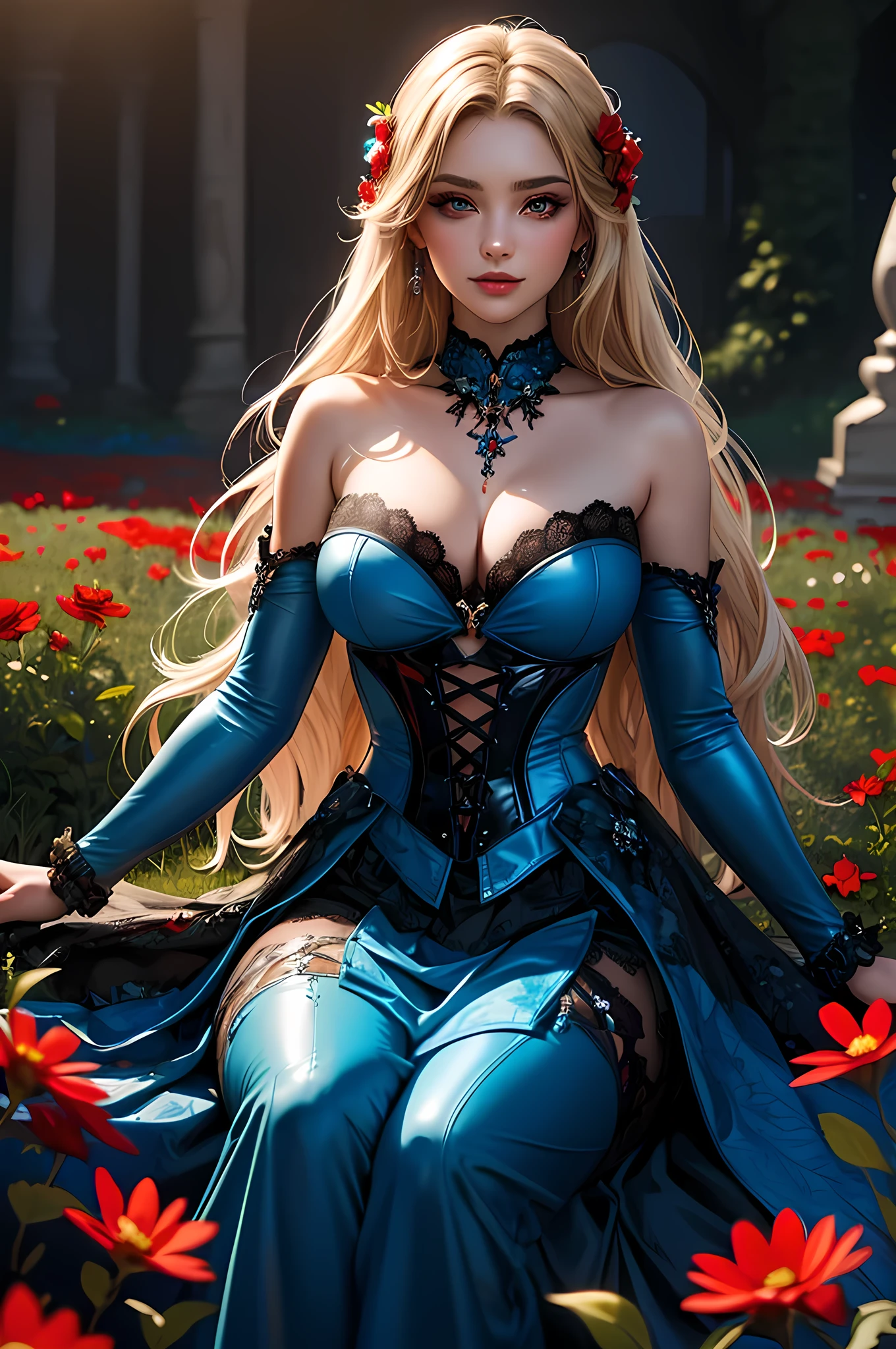 high details, best quality, 16k, RAW, [best detailed], masterpiece, best quality, (extremely detailed), full body, ultra wide shot, photorealistic, dark fantasy art, goth art, RPG art, D&D art, a picture of a dark female fairy resting in a flower meadow, extremely beautiful fairy, ultra feminine (intense details, Masterpiece, best quality), best detailed face (intense details, Masterpiece, best quality), having wide butterfly wings, spread butterfly wings (intense details, Masterpiece, best quality: 1.3), (blue: 1.5)  colors wings (intense details, Masterpiece, best quality), (blond) hair, long hair, shinning hair, flowing hair, shy smile, innocent smile, (red: 1.3) eyes, dark blue lips, wearing [azure] dress latex corset (intense details, Masterpiece, best quality), dynamic elegant shirt, chocker, wearing (blue: 1.3) high heels, in various shades of red colored flower meadow (intense details, Masterpiece, best quality), (red flowers: 1.2) , (black flowers: 1.2), (white flowers: 1.2), (blue flowers: 1.3) [extreme many flowers] (intense details, Masterpiece, best quality), dark colorful flowers (intense details, Masterpiece, best quality), flower meadow in a dark goth field background, dim light, cinematic light, High Detail, Ultra High Quality, High Resolution, 16K Resolution, Ultra HD Pictures, 3D rendering Ultra Realistic, Clear Details, Realistic Detail, Ultra High Definition, #chinese cloth,