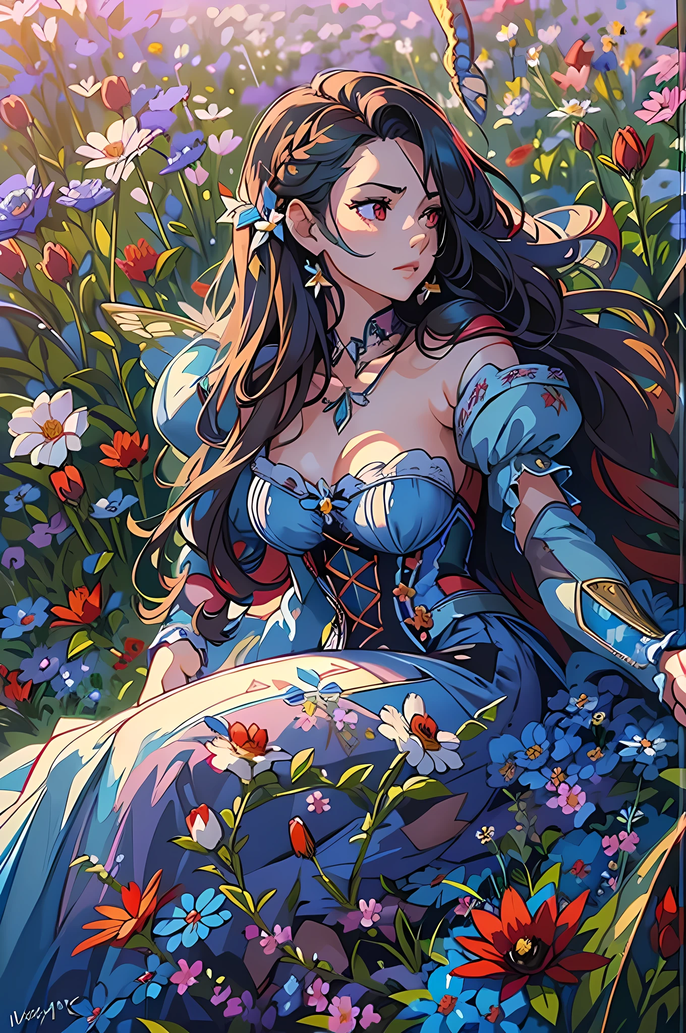 high details, best quality, 16k, RAW, [best detailed], masterpiece, best quality, (extremely detailed), full body, ultra wide shot, photorealistic, dark fantasy art, goth art, RPG art, D&D art, a picture of a dark female fairy resting in a flower meadow, extremely beautiful fairy, ultra feminine (intense details, Masterpiece, best quality), best detailed face (intense details, Masterpiece, best quality), having wide butterfly wings, spread butterfly wings (intense details, Masterpiece, best quality: 1.3), (blue: 1.5)  colors wings (intense details, Masterpiece, best quality), (blond) hair, long hair, shinning hair, flowing hair, shy smile, innocent smile, (red: 1.3) eyes, dark blue lips, wearing [azure] dress latex corset (intense details, Masterpiece, best quality), dynamic elegant shirt, chocker, wearing (blue: 1.3) high heels, in various shades of red colored flower meadow (intense details, Masterpiece, best quality), (red flowers: 1.2) , (black flowers: 1.2), (white flowers: 1.2), (blue flowers: 1.3) [extreme many flowers] (intense details, Masterpiece, best quality), dark colorful flowers (intense details, Masterpiece, best quality), flower meadow in a dark goth field background, dim light, cinematic light, High Detail, Ultra High Quality, High Resolution, 16K Resolution, Ultra HD Pictures, 3D rendering Ultra Realistic, Clear Details, Realistic Detail, Ultra High Definition, #chinese cloth,