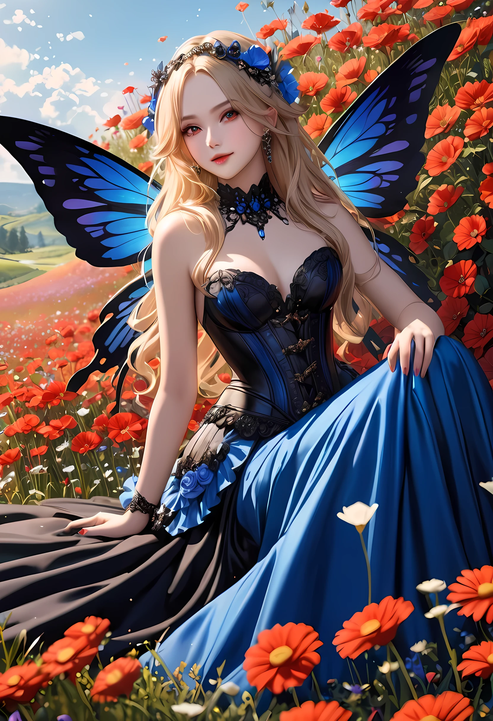 high details, best quality, 16k, RAW, [best detailed], masterpiece, best quality, (extremely detailed), full body, ultra wide shot, photorealistic, dark fantasy art, goth art, RPG art, D&D art, a picture of a dark female fairy resting in a flower meadow, extremely beautiful fairy, ultra feminine (intense details, Masterpiece, best quality), best detailed face (intense details, Masterpiece, best quality), having wide butterfly wings, spread butterfly wings (intense details, Masterpiece, best quality: 1.3), (blue: 1.5)  colors wings (intense details, Masterpiece, best quality), (blond) hair, long hair, shinning hair, flowing hair, shy smile, innocent smile, (red: 1.3) eyes, dark blue lips, wearing [azure] dress latex corset (intense details, Masterpiece, best quality), dynamic elegant shirt, chocker, wearing (blue: 1.3) high heels, in various shades of red colored flower meadow (intense details, Masterpiece, best quality), (red flowers: 1.2) , (black flowers: 1.2), (white flowers: 1.2), (blue flowers: 1.3) [extreme many flowers] (intense details, Masterpiece, best quality), dark colorful flowers (intense details, Masterpiece, best quality), flower meadow in a dark goth field background, dim light, cinematic light, High Detail, Ultra High Quality, High Resolution, 16K Resolution, Ultra HD Pictures, 3D rendering Ultra Realistic, Clear Details, Realistic Detail, Ultra High Definition, #chinese cloth, dungeons and dragons, DonMDr4g0nXL