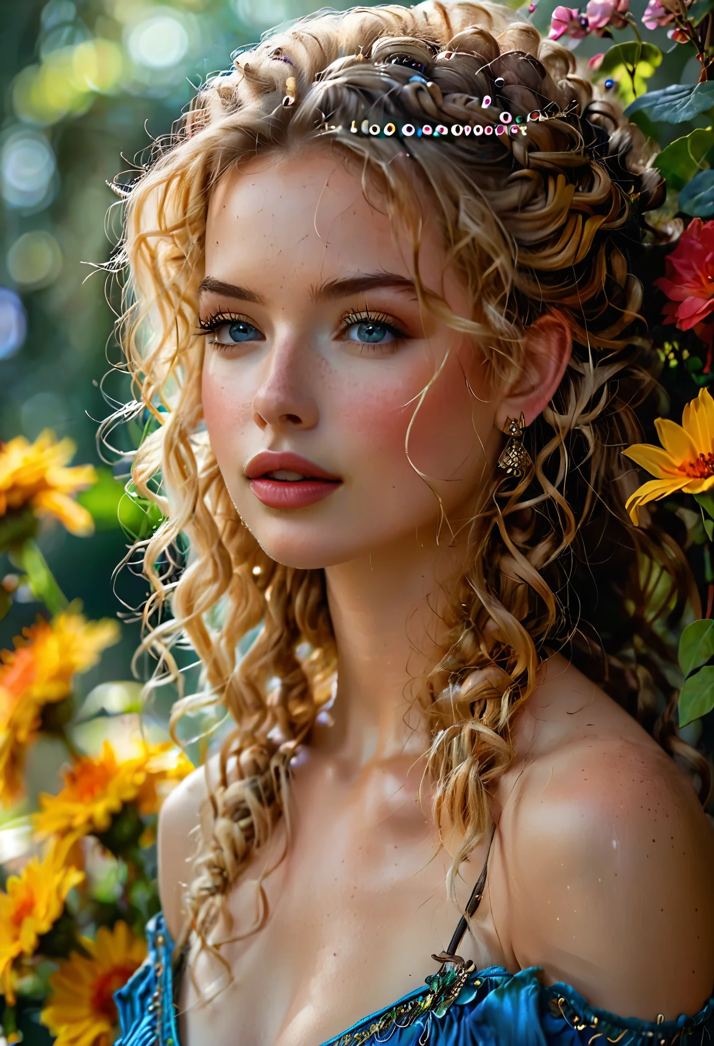 1girl, bare shoulders, bellissima, blonde hair, blue eyes, blurry, blurry background, braid, breasts, curly hair, earrings, flower, freckles, from side, jewelry, lips, long hair, looking at viewer, looking to the side, mole under mouth, necklace, nose, realistic, short hair, simple background, solo, teeth, upper body