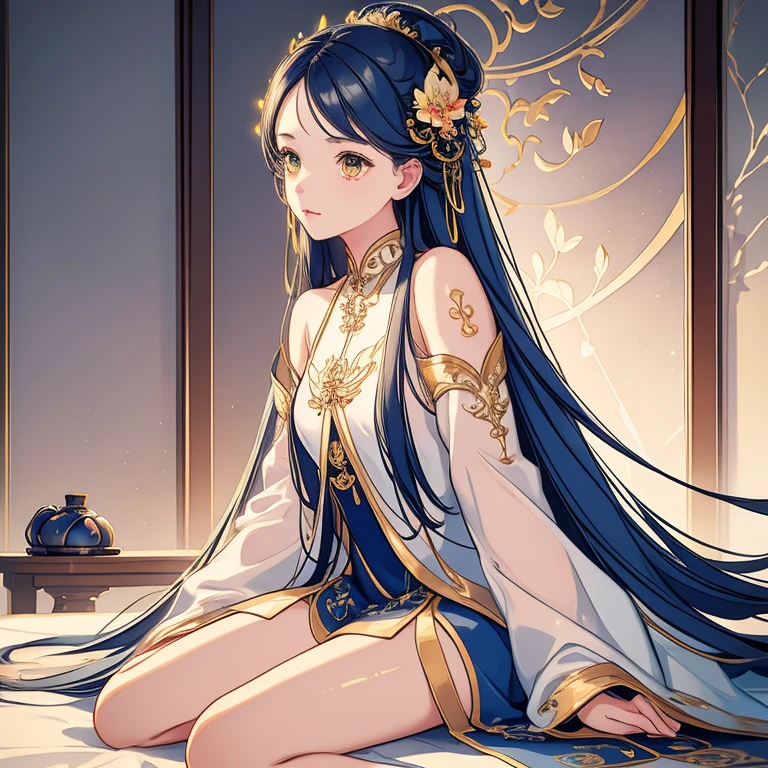 an alone mature girl with long blonde, top not,  and yellow eyes sitting on the bed and spread leg , night, High detail mature face, tie hair on the left side, golden eyes, bare leg, bare shoulder, white long dress, arm tattoo, gold necklace, high res, ultra sharp, 8k, masterpiece, smiling, fantasy world, magical radiance background ((Best quality)), ((masterpiece)), 3D, HDR (High Dynamic Range),Ray Tracing, NVIDIA RTX, Super-Resolution, Unreal 5,Subsurface scattering, PBR Texturing, Post-processing, Anisotropic Filtering, Depth-of-field, Maximum clarity and sharpness, Multi-layered textures, Albedo and Specular maps, Surface shading, Accurate simulation of light-material interaction, Perfect proportions, Octane Render, Two-tone lighting, Wide aperture, Low ISO, White balance, Rule of thirds,8K RAW, Aura, masterpiece, best quality, Mysterious expression, magical effects like sparkles or energy, flowing robes or enchanting attire, mechanic creatures or mystical background, rim lighting, side lighting, cinematic light, ultra high res, 8k uhd, film grain, best shadow, delicate, RAW, light particles, detailed skin texture, detailed cloth texture, beautiful face, 
(masterpiece), best quality, expressive eyes, perfect face,