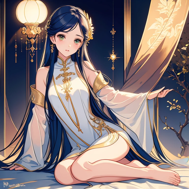 an alone mature girl with long blonde, top not,  and yellow eyes sitting on the bed and spread leg , night, High detail mature face, tie hair on the left side, golden eyes, bare leg, bare shoulder, white long dress, arm tattoo, gold necklace, high res, ultra sharp, 8k, masterpiece, smiling, fantasy world, magical radiance background ((Best quality)), ((masterpiece)), 3D, HDR (High Dynamic Range),Ray Tracing, NVIDIA RTX, Super-Resolution, Unreal 5,Subsurface scattering, PBR Texturing, Post-processing, Anisotropic Filtering, Depth-of-field, Maximum clarity and sharpness, Multi-layered textures, Albedo and Specular maps, Surface shading, Accurate simulation of light-material interaction, Perfect proportions, Octane Render, Two-tone lighting, Wide aperture, Low ISO, White balance, Rule of thirds,8K RAW, Aura, masterpiece, best quality, Mysterious expression, magical effects like sparkles or energy, flowing robes or enchanting attire, mechanic creatures or mystical background, rim lighting, side lighting, cinematic light, ultra high res, 8k uhd, film grain, best shadow, delicate, RAW, light particles, detailed skin texture, detailed cloth texture, beautiful face, 
(masterpiece), best quality, expressive eyes, perfect face,