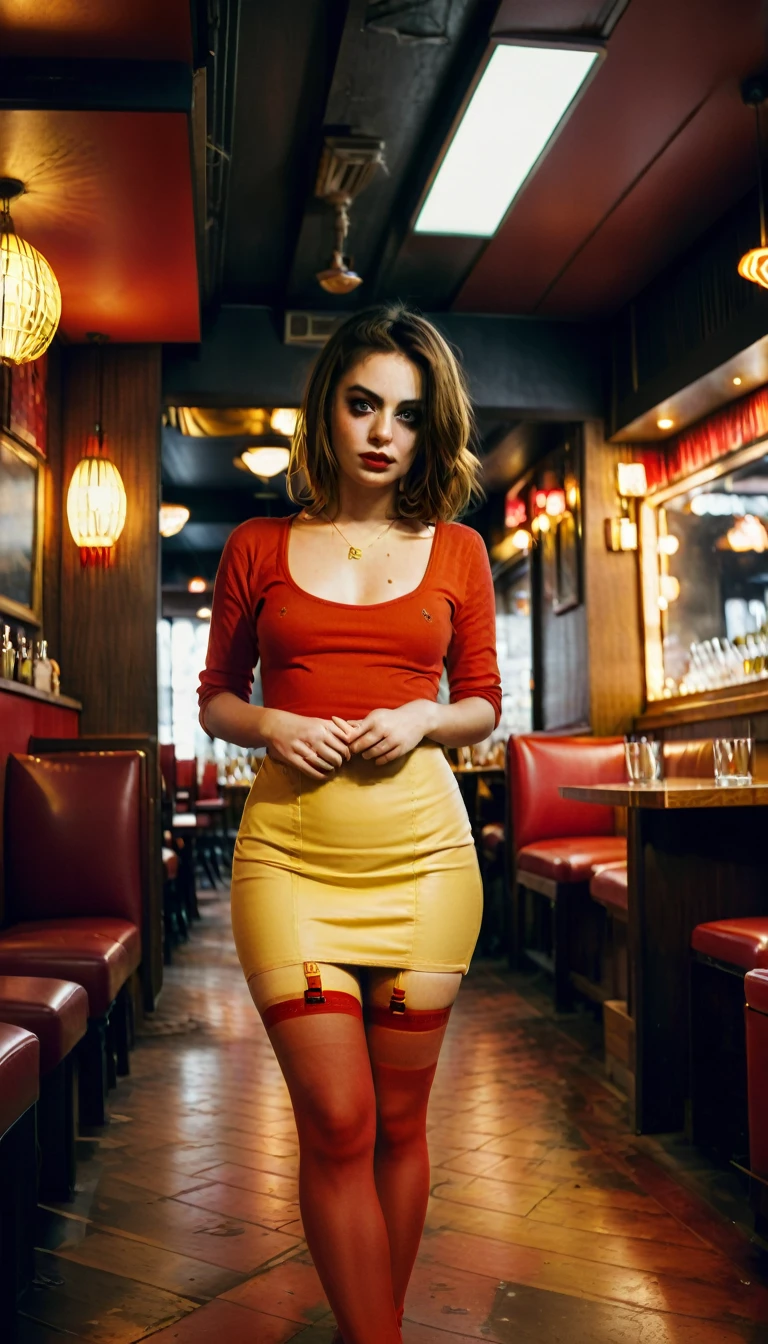 ((wide angle)), (woman wearing red top, red mini skirt, yellow stockings, white boots. )dark dimly lit , mess, stacy, (elegant dark restaurant with a gloomy mood, ) crowded, ((dimly lit, dimly lit, deep focus, Snapchat)) poor quality , зернистый jpg , blurred, Blur, ugly