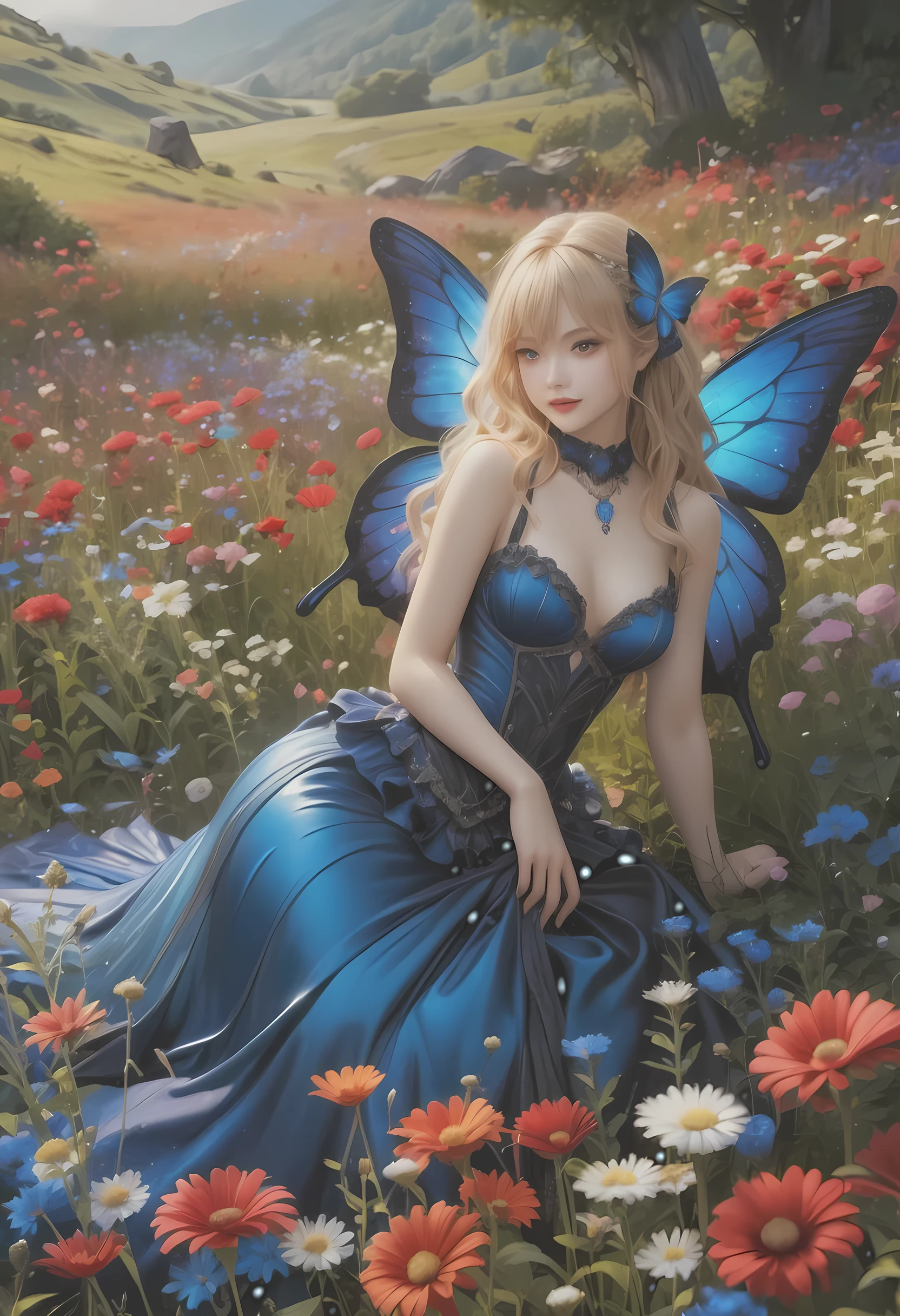 high details, best quality, 16k, RAW, [best detailed], masterpiece, best quality, (extremely detailed), full body, ultra wide shot, photorealistic, dark fantasy art, goth art, RPG art, D&D art, a picture of a dark female fairy resting in a flower meadow, extremely beautiful fairy, ultra feminine (intense details, Masterpiece, best quality), best detailed face (intense details, Masterpiece, best quality), having wide butterfly wings, spread butterfly wings (intense details, Masterpiece, best quality: 1.3), (blue: 1.5)  colors wings (intense details, Masterpiece, best quality), (blond) hair, long hair, shinning hair, flowing hair, shy smile, innocent smile, (red: 1.3) eyes, dark blue lips, wearing [azure] dress latex corset (intense details, Masterpiece, best quality), dynamic elegant shirt, chocker, wearing (blue: 1.3) high heels, in various shades of red colored flower meadow (intense details, Masterpiece, best quality), (red flowers: 1.2) , (black flowers: 1.2), (white flowers: 1.2), (blue flowers: 1.3) [extreme many flowers] (intense details, Masterpiece, best quality), dark colorful flowers (intense details, Masterpiece, best quality), flower meadow in a dark goth field background, dim light, cinematic light, High Detail, Ultra High Quality, High Resolution, 16K Resolution, Ultra HD Pictures, 3D rendering Ultra Realistic, Clear Details, Realistic Detail, Ultra High Definition, #chinese cloth, dungeons and dragons, DonMDr4g0nXL