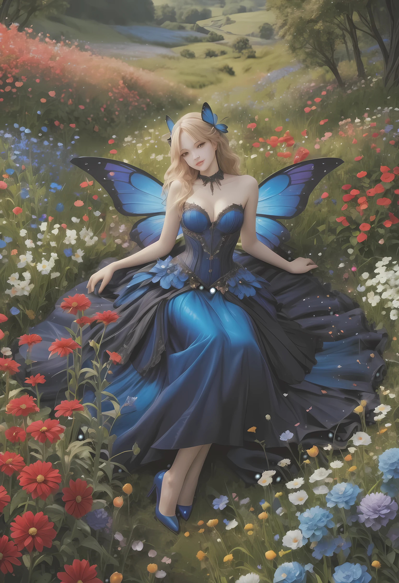 high details, best quality, 16k, RAW, [best detailed], masterpiece, best quality, (extremely detailed), full body, ultra wide shot, photorealistic, dark fantasy art, goth art, RPG art, D&D art, a picture of a dark female fairy resting in a flower meadow, extremely beautiful fairy, ultra feminine (intense details, Masterpiece, best quality), best detailed face (intense details, Masterpiece, best quality), having wide butterfly wings, spread butterfly wings (intense details, Masterpiece, best quality: 1.3), (blue: 1.5)  colors wings (intense details, Masterpiece, best quality), (blond) hair, long hair, shinning hair, flowing hair, shy smile, innocent smile, (red: 1.3) eyes, dark blue lips, wearing [azure] dress latex corset (intense details, Masterpiece, best quality), dynamic elegant shirt, chocker, wearing (blue: 1.3) high heels, in various shades of red colored flower meadow (intense details, Masterpiece, best quality), (red flowers: 1.2) , (black flowers: 1.2), (white flowers: 1.2), (blue flowers: 1.3) [extreme many flowers] (intense details, Masterpiece, best quality), dark colorful flowers (intense details, Masterpiece, best quality), flower meadow in a dark goth field background, dim light, cinematic light, High Detail, Ultra High Quality, High Resolution, 16K Resolution, Ultra HD Pictures, 3D rendering Ultra Realistic, Clear Details, Realistic Detail, Ultra High Definition, #chinese cloth, dungeons and dragons, DonMDr4g0nXL