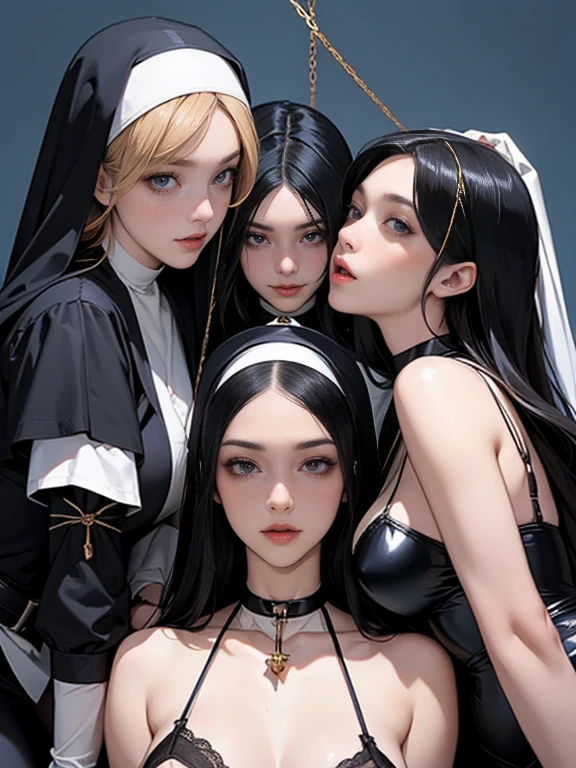 Dynamic shot, ((3 females)), A picture of 2 beautiful succubus dominating 1 sexy nun on a leash, ((2 demon females and a nun)), female domination, exposed, nun, demons, beautiful succubuses, horror, dark, sexy, rough domination, domination, nun on a leash, bdsm, golden chains,(golden leash), collar, beautiful bodies, slim, horror style, highly detailed faces, stockings, (silk lingerie, stockings), leather tight boots, sharp camera angle , closeup, blue background 
