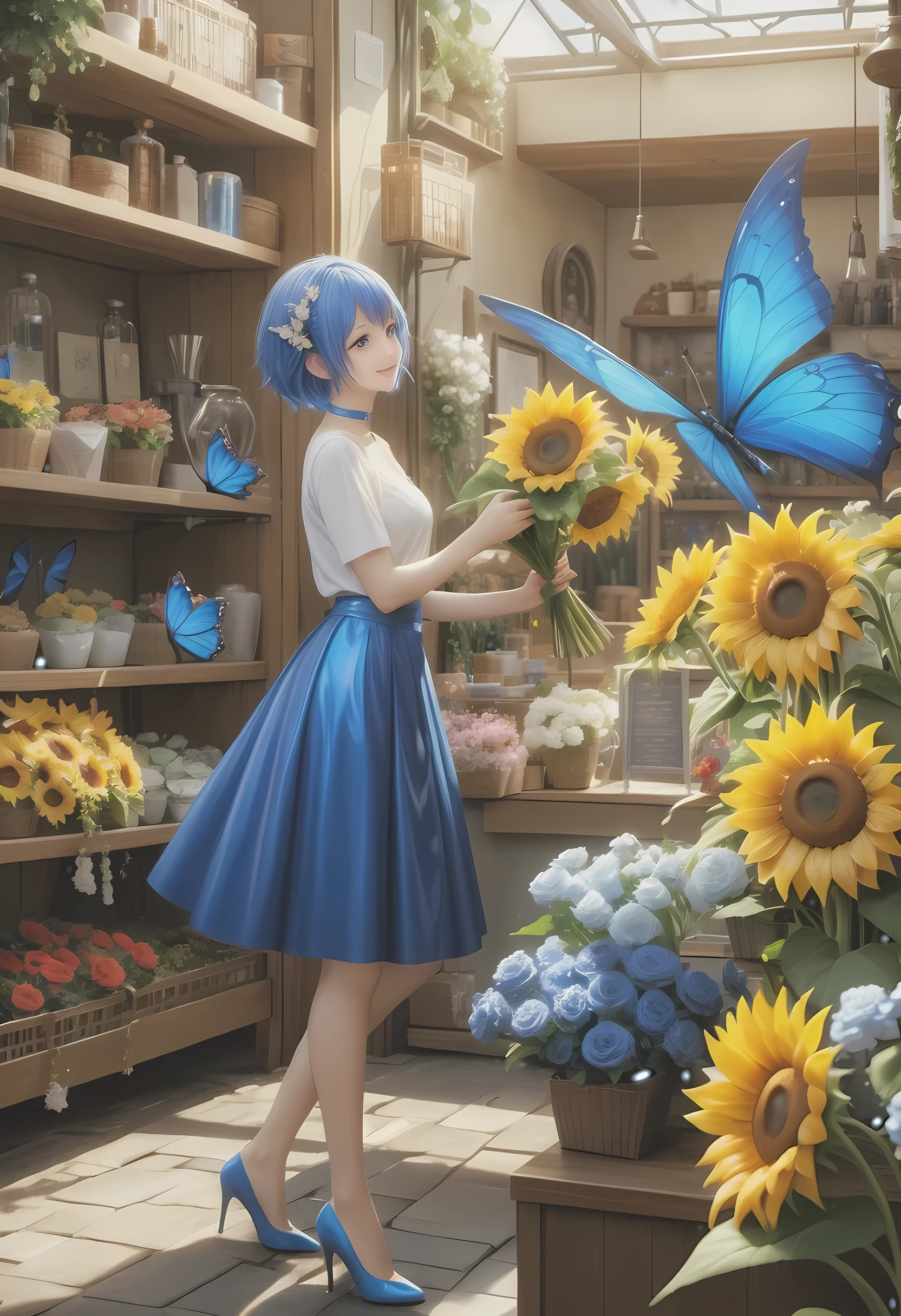 high details, best quality, 16k, RAW, [best detailed], masterpiece, best quality, (extremely detailed), GlowingRunes_paleblue, full body, ultra wide shot, photorealistic, fantasy art, RPG art, D&D art, a picture of a fairy selling flowers in a florist shop, extremely beautiful fairy, ultra feminine (intense details, Masterpiece, best quality), (Blue: 1.3) butterfly wings (intense details, Masterpiece, best quality), blue and white wings (intense details, Masterpiece, best quality), azure hair, pixie cut hair, shinning hair, flowing hair, shy smile, innocent smile, blue eyes, wearing bright blue skirt, dynamic elegant shirt, chocker, wearing high heels, in flower shop (intense details, Masterpiece, best quality), extreme many (sunflowers: 1.3) (intense details, Masterpiece, best quality), sunflower shop in a modern era street, High Detail, Ultra High Quality, High Resolution, 16K Resolution, Ultra HD Pictures, Ultra Realistic, Clear Details, Realistic Detail, Ultra High Definition, Big Fairy Wings, wearing edgLL leather lingerie dungeons and dragons, DonMDr4g0nXL