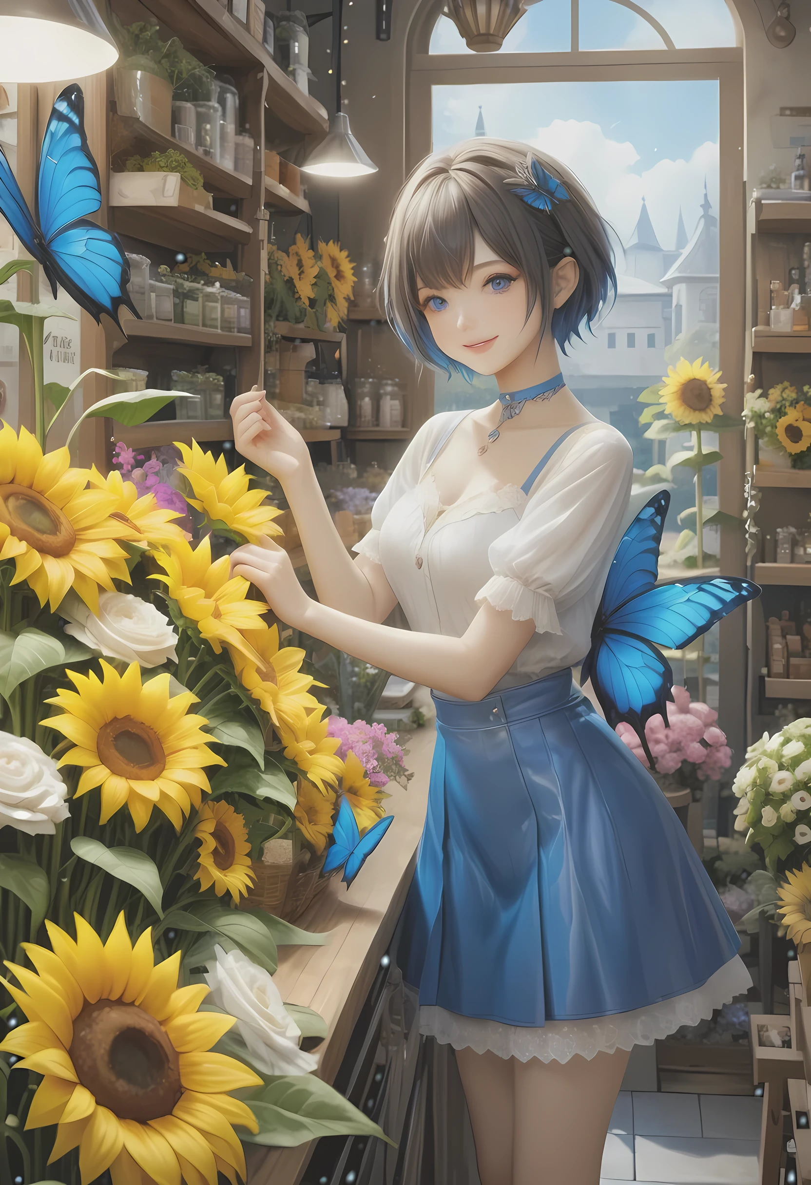 high details, best quality, 16k, RAW, [best detailed], masterpiece, best quality, (extremely detailed), GlowingRunes_paleblue, full body, ultra wide shot, photorealistic, fantasy art, RPG art, D&D art, a picture of a fairy selling flowers in a florist shop, extremely beautiful fairy, ultra feminine (intense details, Masterpiece, best quality), (Blue: 1.3) butterfly wings (intense details, Masterpiece, best quality), blue and white wings (intense details, Masterpiece, best quality), azure hair, pixie cut hair, shinning hair, flowing hair, shy smile, innocent smile, blue eyes, wearing bright blue skirt, dynamic elegant shirt, chocker, wearing high heels, in flower shop (intense details, Masterpiece, best quality), extreme many (sunflowers: 1.3) (intense details, Masterpiece, best quality), sunflower shop in a modern era street, High Detail, Ultra High Quality, High Resolution, 16K Resolution, Ultra HD Pictures, Ultra Realistic, Clear Details, Realistic Detail, Ultra High Definition, Big Fairy Wings, wearing edgLL leather lingerie dungeons and dragons, DonMDr4g0nXL