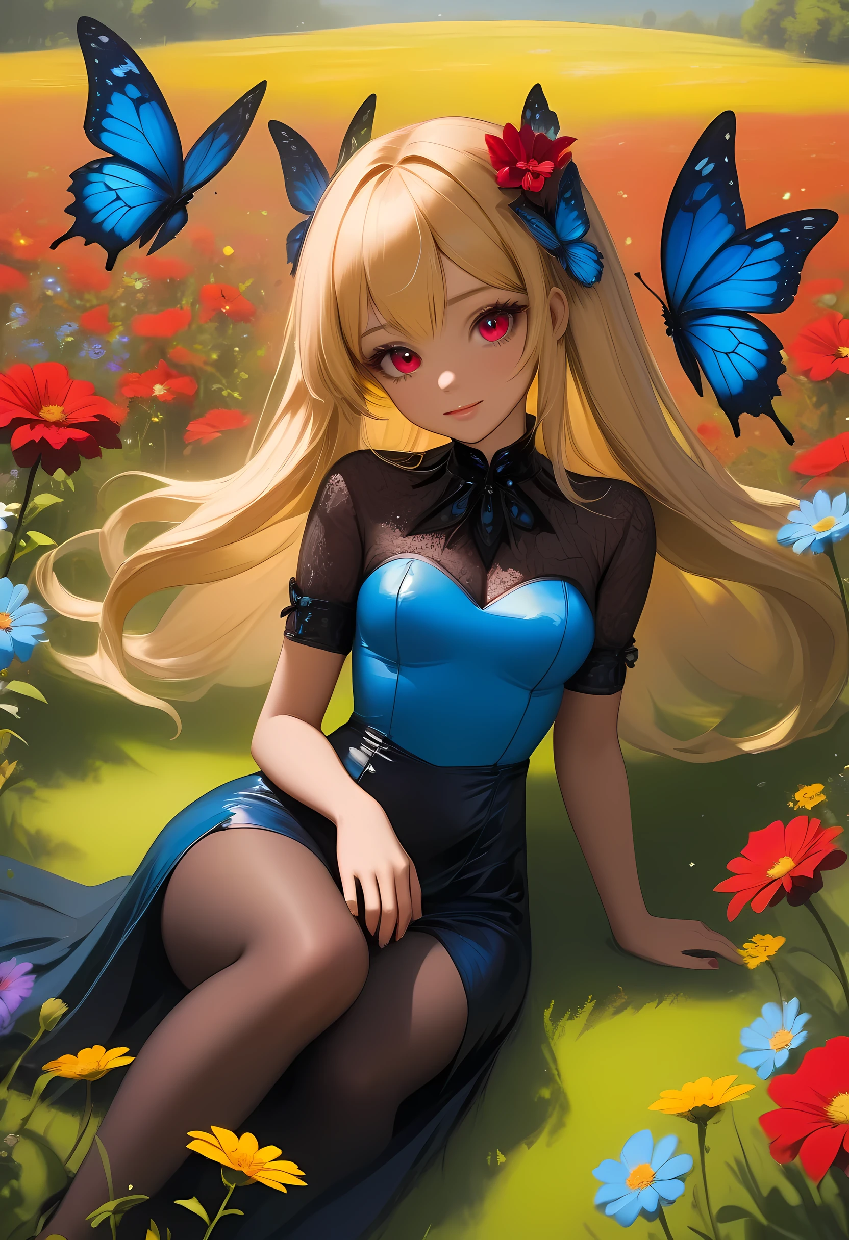 high details, best quality, 16k, RAW, [best detailed], masterpiece, best quality, (extremely detailed), full body, ultra wide shot, photorealistic, dark fantasy art, goth art, RPG art, D&D art, a picture of a dark female fairy resting in a flower meadow, extremely beautiful fairy, ultra feminine (intense details, Masterpiece, best quality), best detailed face (intense details, Masterpiece, best quality), having wide butterfly wings, spread butterfly wings (intense details, Masterpiece, best quality: 1.3), (blue: 1.5)  colors wings (intense details, Masterpiece, best quality), (blond) hair, long hair, shinning hair, flowing hair, shy smile, innocent smile, (red: 1.3) eyes, dark blue lips, wearing [azure] dress latex corset (intense details, Masterpiece, best quality), dynamic elegant shirt, chocker, wearing (blue: 1.3) high heels, in various shades of red colored flower meadow (intense details, Masterpiece, best quality), (red flowers: 1.2) , (black flowers: 1.2), (white flowers: 1.2), (blue flowers: 1.3) [extreme many flowers] (intense details, Masterpiece, best quality), dark colorful flowers (intense details, Masterpiece, best quality), flower meadow in a dark goth field background, dim light, cinematic light, High Detail, Ultra High Quality, High Resolution, 16K Resolution, Ultra HD Pictures, 3D rendering Ultra Realistic, Clear Details, Realistic Detail, Ultra High Definition, #chinese cloth, dungeons and dragons, DonMDr4g0nXL