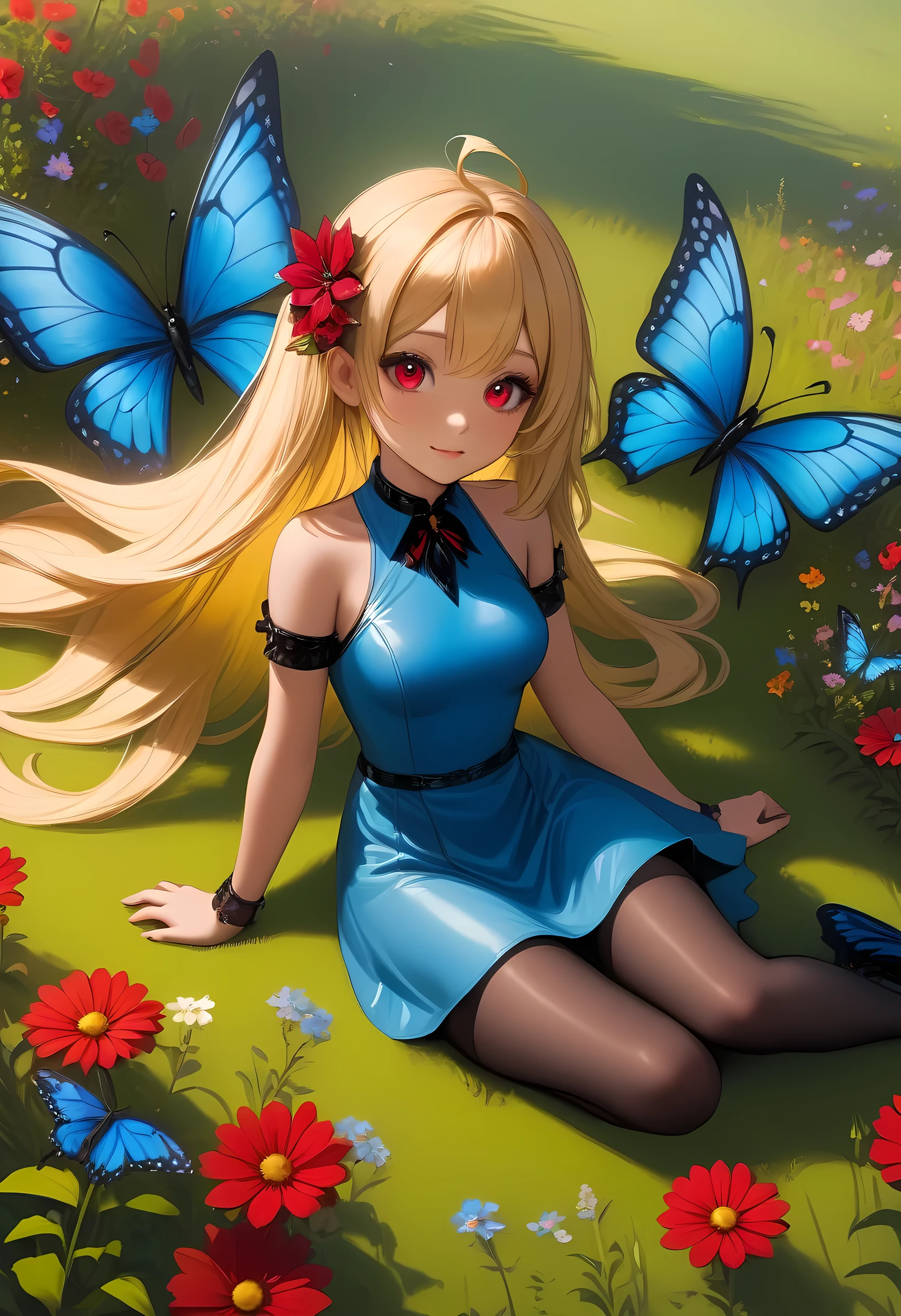 high details, best quality, 16k, RAW, [best detailed], masterpiece, best quality, (extremely detailed), full body, ultra wide shot, photorealistic, dark fantasy art, goth art, RPG art, D&D art, a picture of a dark female fairy resting in a flower meadow, extremely beautiful fairy, ultra feminine (intense details, Masterpiece, best quality), best detailed face (intense details, Masterpiece, best quality), having wide butterfly wings, spread butterfly wings (intense details, Masterpiece, best quality: 1.3), (blue: 1.5)  colors wings (intense details, Masterpiece, best quality), (blond) hair, long hair, shinning hair, flowing hair, shy smile, innocent smile, (red: 1.3) eyes, dark blue lips, wearing [azure] dress latex corset (intense details, Masterpiece, best quality), dynamic elegant shirt, chocker, wearing (blue: 1.3) high heels, in various shades of red colored flower meadow (intense details, Masterpiece, best quality), (red flowers: 1.2) , (black flowers: 1.2), (white flowers: 1.2), (blue flowers: 1.3) [extreme many flowers] (intense details, Masterpiece, best quality), dark colorful flowers (intense details, Masterpiece, best quality), flower meadow in a dark goth field background, dim light, cinematic light, High Detail, Ultra High Quality, High Resolution, 16K Resolution, Ultra HD Pictures, 3D rendering Ultra Realistic, Clear Details, Realistic Detail, Ultra High Definition, #chinese cloth, dungeons and dragons, DonMDr4g0nXL