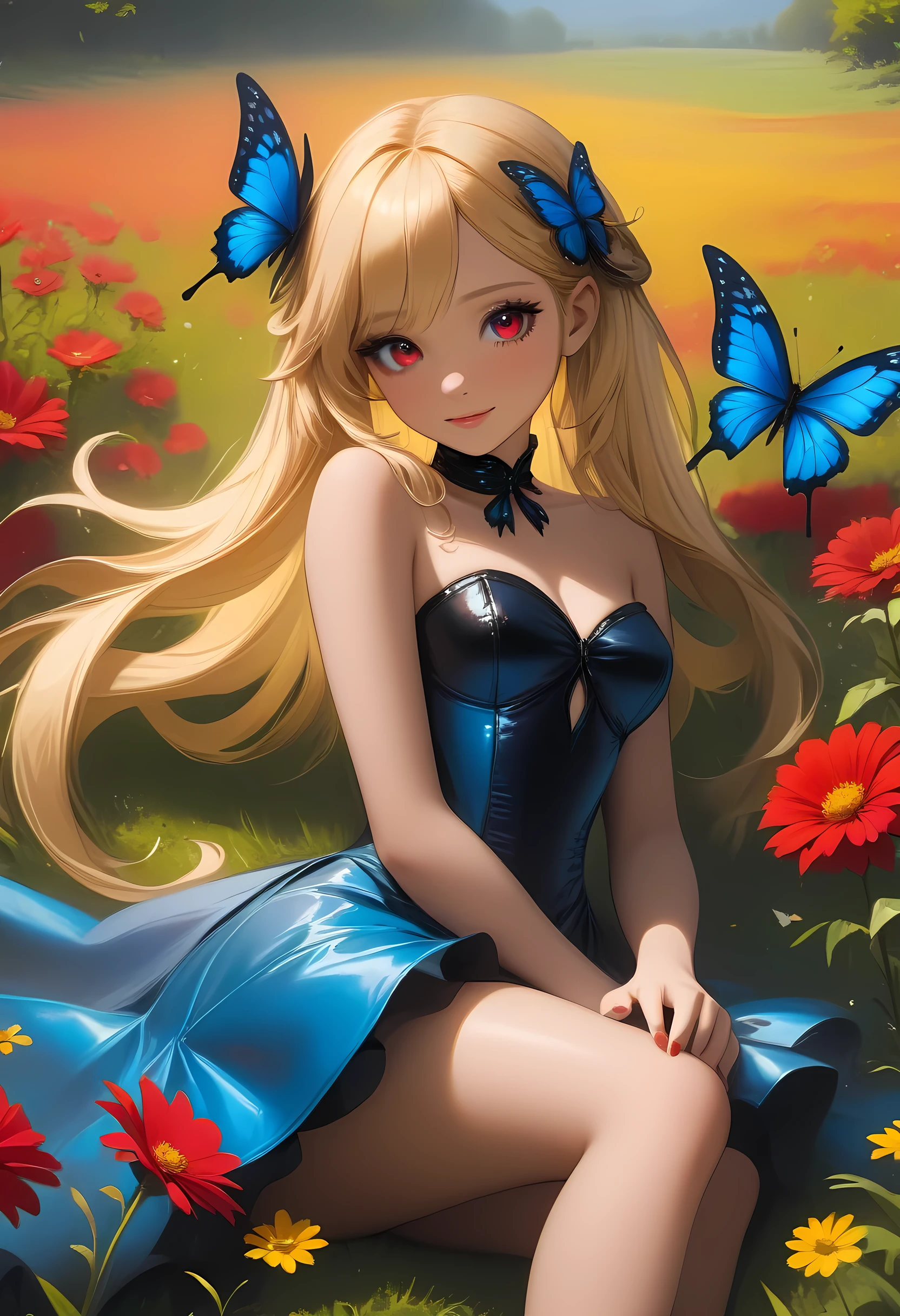 high details, best quality, 16k, RAW, [best detailed], masterpiece, best quality, (extremely detailed), full body, ultra wide shot, photorealistic, dark fantasy art, goth art, RPG art, D&D art, a picture of a dark female fairy resting in a flower meadow, extremely beautiful fairy, ultra feminine (intense details, Masterpiece, best quality), best detailed face (intense details, Masterpiece, best quality), having wide butterfly wings, spread butterfly wings (intense details, Masterpiece, best quality: 1.3), (blue: 1.5)  colors wings (intense details, Masterpiece, best quality), (blond) hair, long hair, shinning hair, flowing hair, shy smile, innocent smile, (red: 1.3) eyes, dark blue lips, wearing [azure] dress latex corset (intense details, Masterpiece, best quality), dynamic elegant shirt, chocker, wearing (blue: 1.3) high heels, in various shades of red colored flower meadow (intense details, Masterpiece, best quality), (red flowers: 1.2) , (black flowers: 1.2), (white flowers: 1.2), (blue flowers: 1.3) [extreme many flowers] (intense details, Masterpiece, best quality), dark colorful flowers (intense details, Masterpiece, best quality), flower meadow in a dark goth field background, dim light, cinematic light, High Detail, Ultra High Quality, High Resolution, 16K Resolution, Ultra HD Pictures, 3D rendering Ultra Realistic, Clear Details, Realistic Detail, Ultra High Definition, #chinese cloth, dungeons and dragons, DonMDr4g0nXL