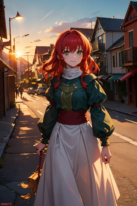 8k wallpaper, masterpiece, movie lighting, medieval setting, beautiful female rogue with red hair and greenish eyes walking on a...