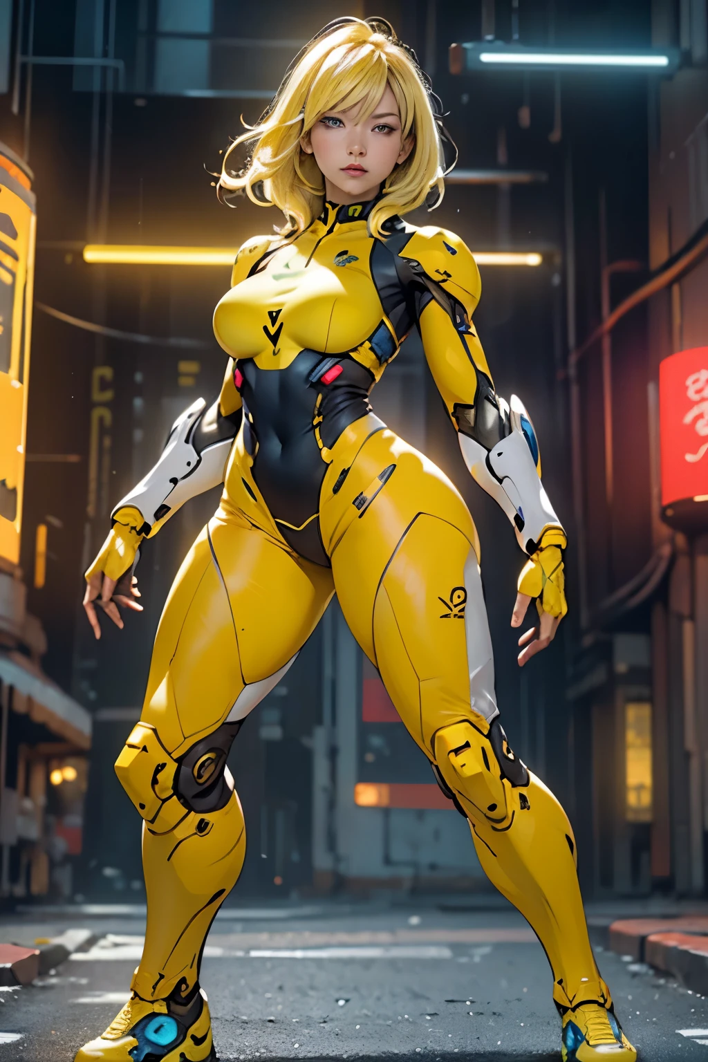samus aran, simple background,colorfull yellow and blue ,blonde hair,cyberpunk ,thick thigs,thick,ample bosom,front pose,looking in camera,cybernatic torso,full body suit,front pose,