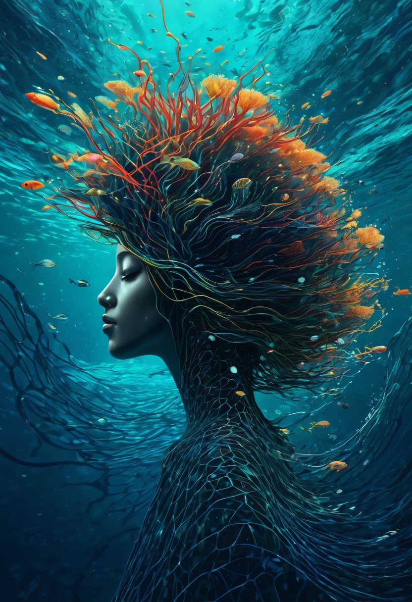 Create a series of illustrations combining vibrant underwater scenes with abstract elements of digital code and neural networks.
