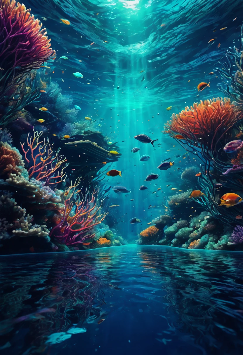 Create a series of illustrations combining vibrant underwater scenes with abstract elements of digital code and neural networks.