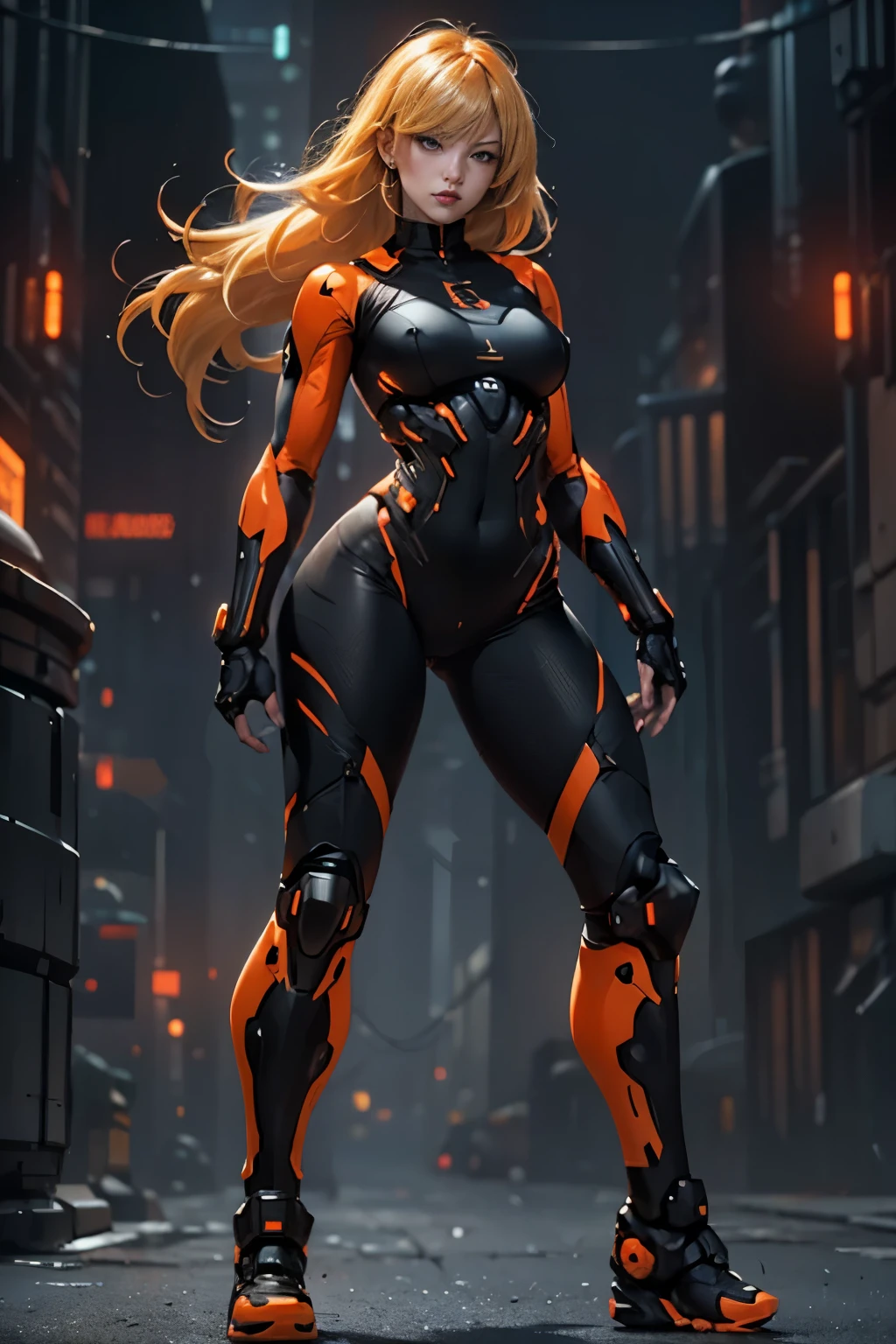  samus aran, simple background,black and orange,blonde hair,cyberpunk ,thick thigs,thick,ample bosom,front pose,looking in camera,cybernatic torso,full body suit,front pose,