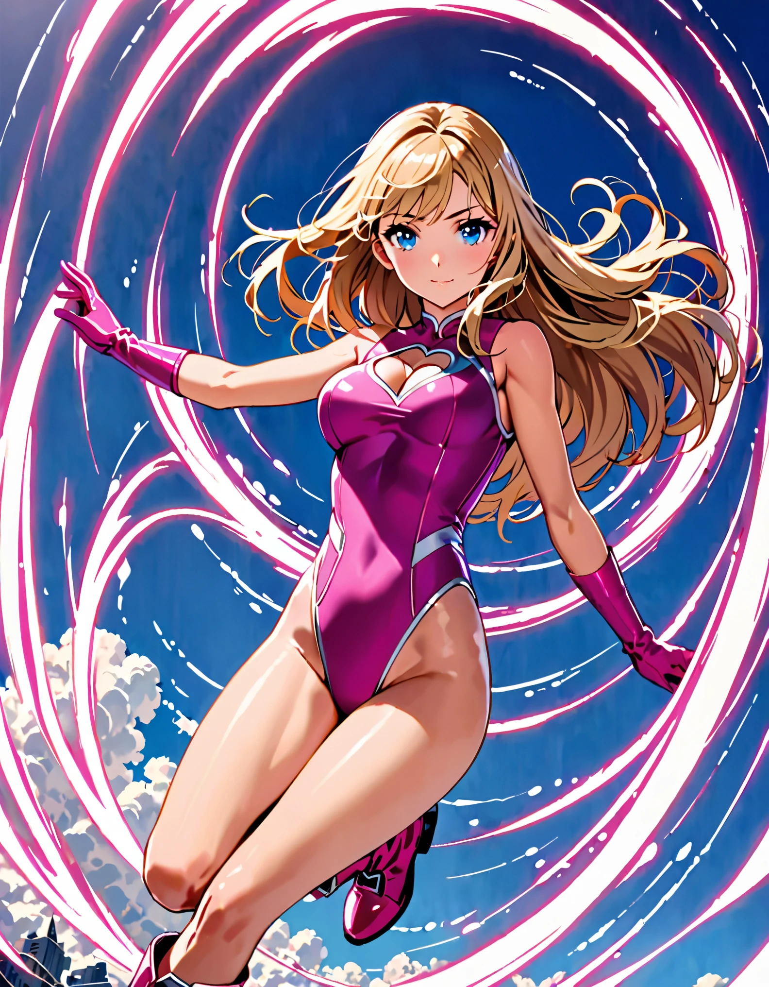 ((masterpiece)), ((best quality)), ((high res)), 1girl, solo, solo focus, (leotard, perfect leotard, pink leotard, sleeveless, bare legs), matching boots, looking at the viewer, blue sky backdrop, perfect hands, complete fingers, perfect anatomy, medium breasts, (blonde hair, long hair, mid-length hair, hair down, bangs), knee boots, blue eyes, beautiful detailed eyes, beautiful detailed face, cute face, (cleavage heart cutout), pink gloves, pink footwear, superhero, heroic, spread arms. spins in place like a tornado, she spins at an incredible speed, creating a whirlwind of air around her,spiral lines around,cyclone winds around,tornado spinning.