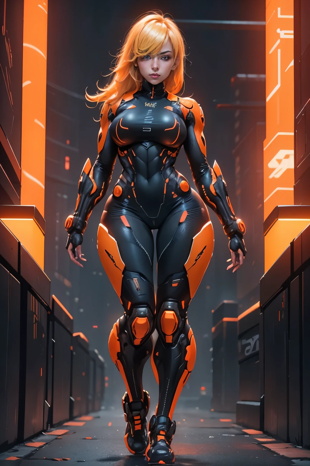 samus aran, simple neon background,black and orange,blonde hair,cyberpunk ,thick thigs,thick,ample bosom,front pose,looking in camera,cybernatic torso,full body suit,front pose,