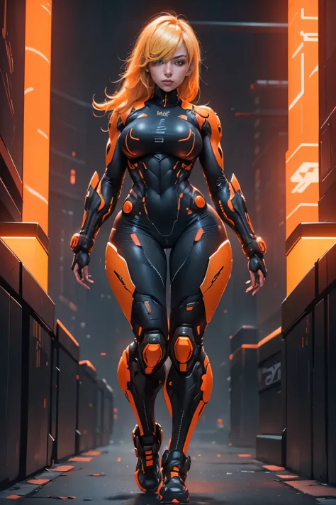 samus aran, simple neon background,black and orange,blonde hair,cyberpunk ,thick thigs,thick,ample bosom,front pose,looking in ...