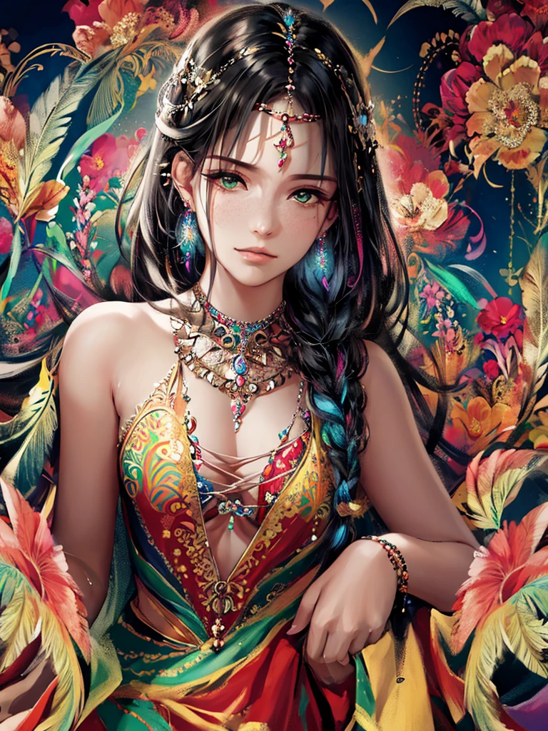 (masterpiece, top quality, Best quality, official art, beautiful and aesthetically pleasing:1.2), (1 girl, mature:1.3, got old:1.3), long hair, braid sidelocks, Extremely detailed,(fractal art:1.1),(colorful:1.4)(flowers:1.3),The most detailed,(zentangle:1.2), (dynamic pose), (abstract background:1.3), (shiny skin), (many colors:1.4),(earrings:1.4), (feathers:1.4), cowboy shot