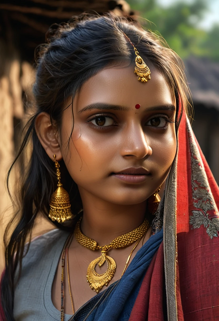 若いインド人少女, 18歳,  顔に当たる優しい太陽の光 , 村の雰囲気 , 破れそうな古い布 , 村娘の雰囲気, 複雑な顔の細部, 全身写真, 映画のようなポーズ 完璧な肌, 最高級の3Dレンダリング, 超リアル, インドの道路で銃撃. 写実的な digital art trending on Artstation 8k HD high definition 詳細 realistic, 詳細, 肌の質感, hyper 詳細, realistic 肌の質感, アーマチュア, 最高品質, 超高解像度, (写実的な:1.4),, 高解像度, 詳細, RAW写真, 400 カメラ f1.6 つのレンズ、豊かな色彩、超リアルでリアルな質感、ドラマチックな照明、UnrealEngine、Artstation でトレンド、Cinestill 800
