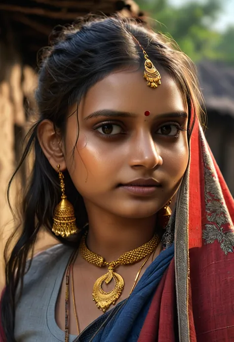 young Indian girl, 18-year-old,  gentle sun lighting on face , village mood , old cloths about to get ripped , village girl vibe...