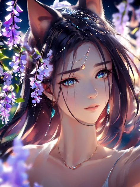 anime style, very fine illustration, high detail, dynamic foreshortening, great detail, 8k, wisteria trees quietly shine on a sp...