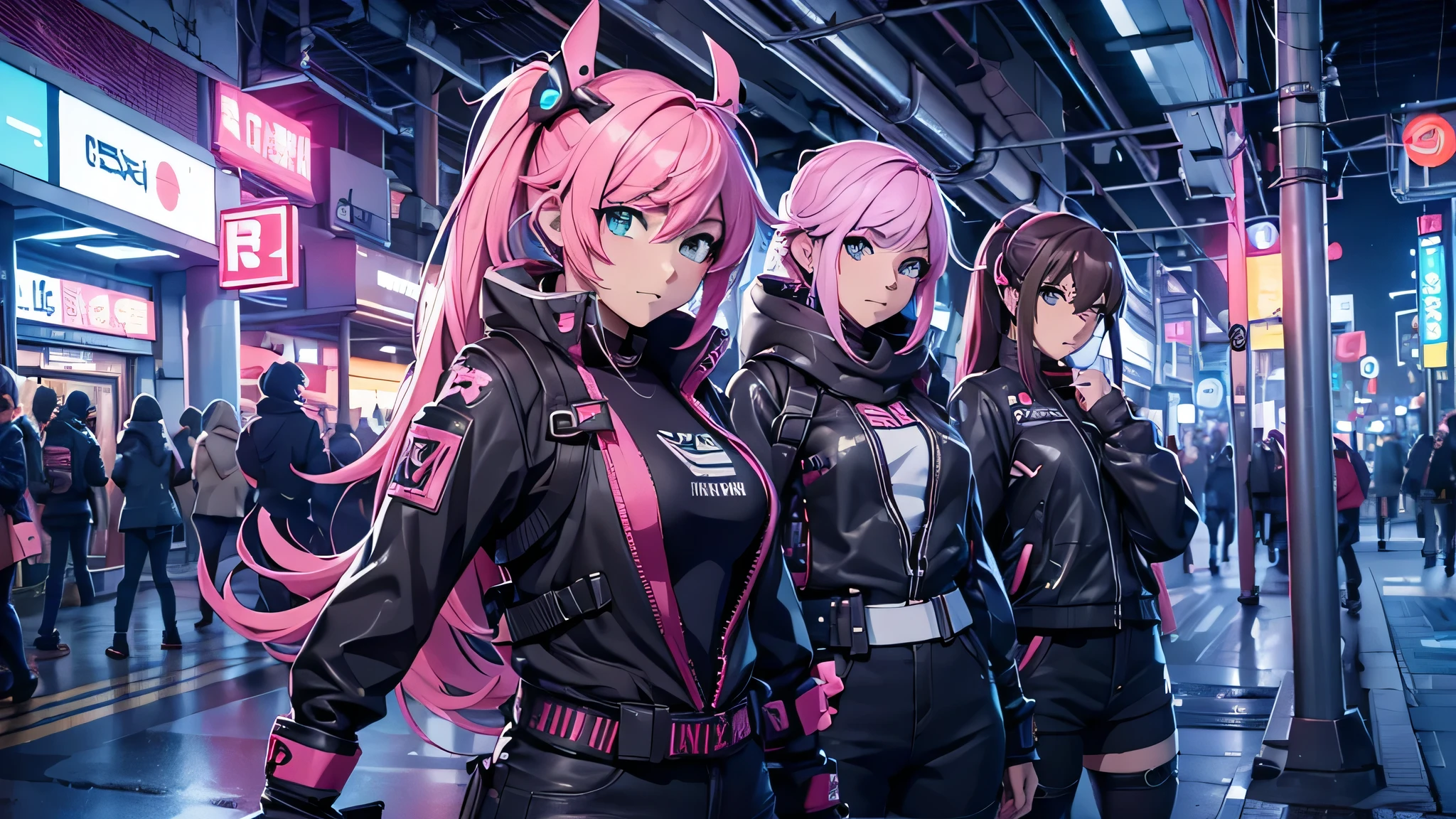 4 Anime-Mädchen posieren nachts in einer Stadt., Cyberpunk Oppai, anime ciberpunk art, anime ciberpunk, arte del anime ciberpunk, digital arte del anime ciberpunk, ciberpunk digital - arte anime, moderner Cyberpunk-Anime, anime ciberpunk digital!!, Bestes Anime 4K Konachan-Hintergrundbild, weibliches Cyberpunk-Anime-Mädchen, in der Cyberpunk-Stadt, Trend zur CGstation, Cyberpunk-Frauen in der U-Bahn mit verdeckten Fortnite-Waffen