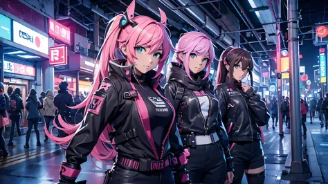 4 chicas anime posando en una ciudad por la noche., oppai ciberpunk, anime ciberpunk art, anime ciberpunk, arte del anime ciberp...