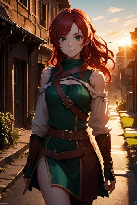 8k wallpaper, masterpiece, movie lighting, medieval setting, beautiful female rogue with red hair and greenish eyes walking on a...