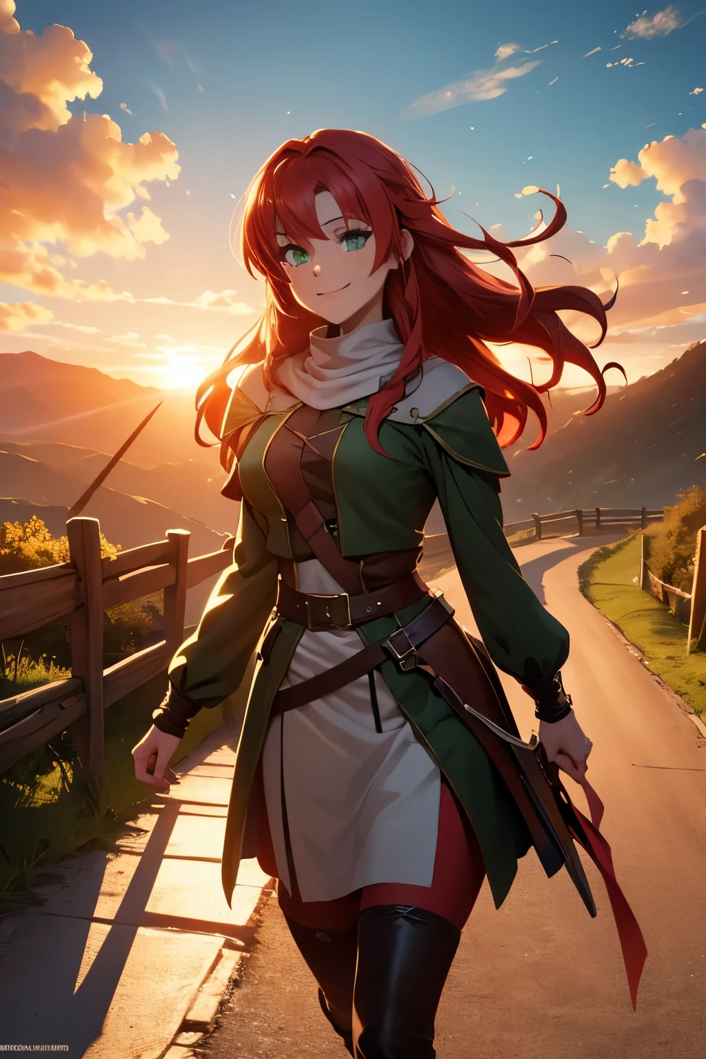 8k wallpaper, masterpiece, movie lighting, medieval setting, Beautiful female rogue with red hair and greenish eyes walking on a winding road with a smile on her face, sunrise with clear skies background