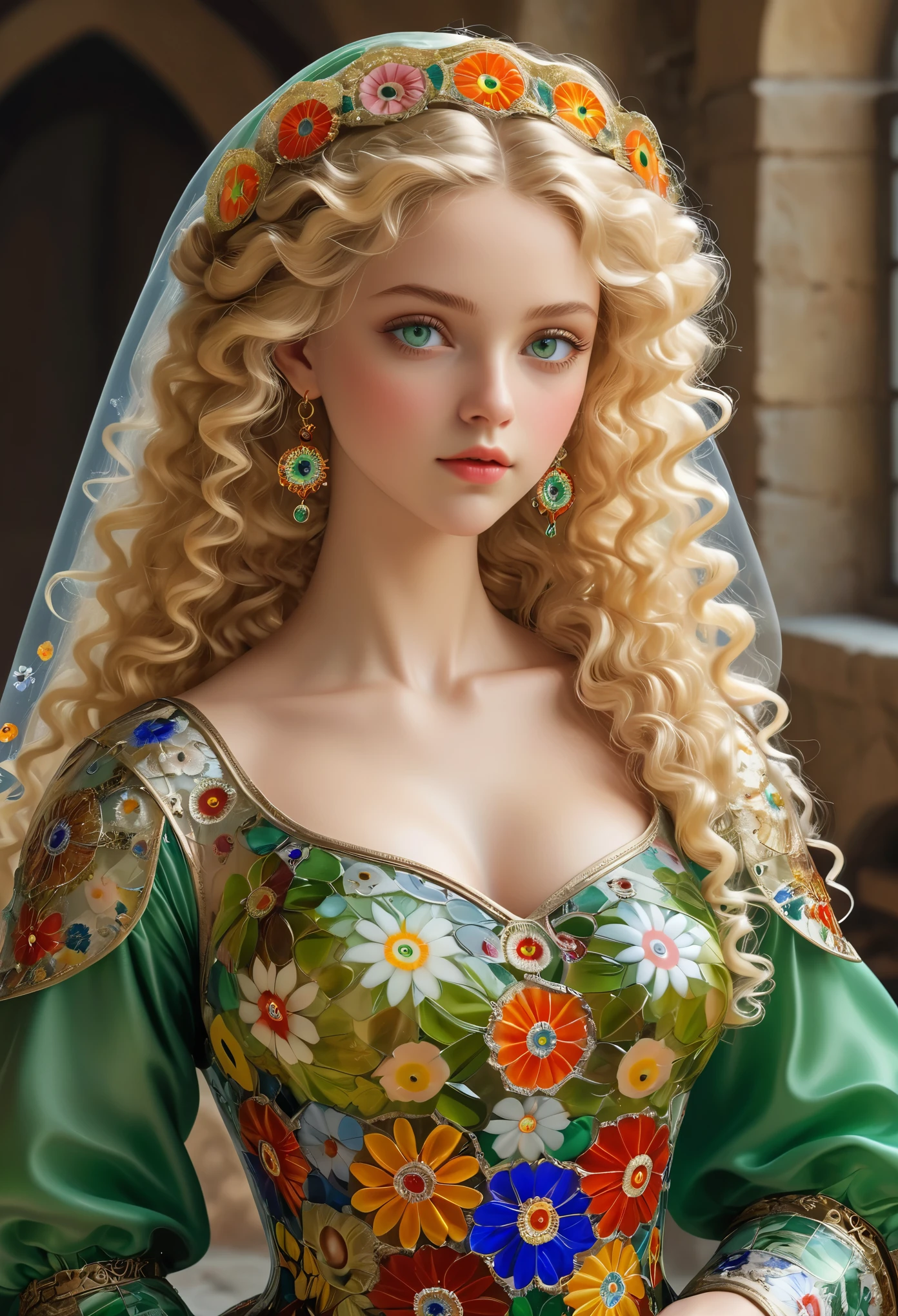 Millefiori glass style，, masterpiece, best quality, 8k, Delicate skin texture, Detailed fabric texture, Beautiful and delicate face, Intricate details, Super detailed, A European girl, Green Eyes, Blondes have curly hair, 3D Characters, Middle Century Knight