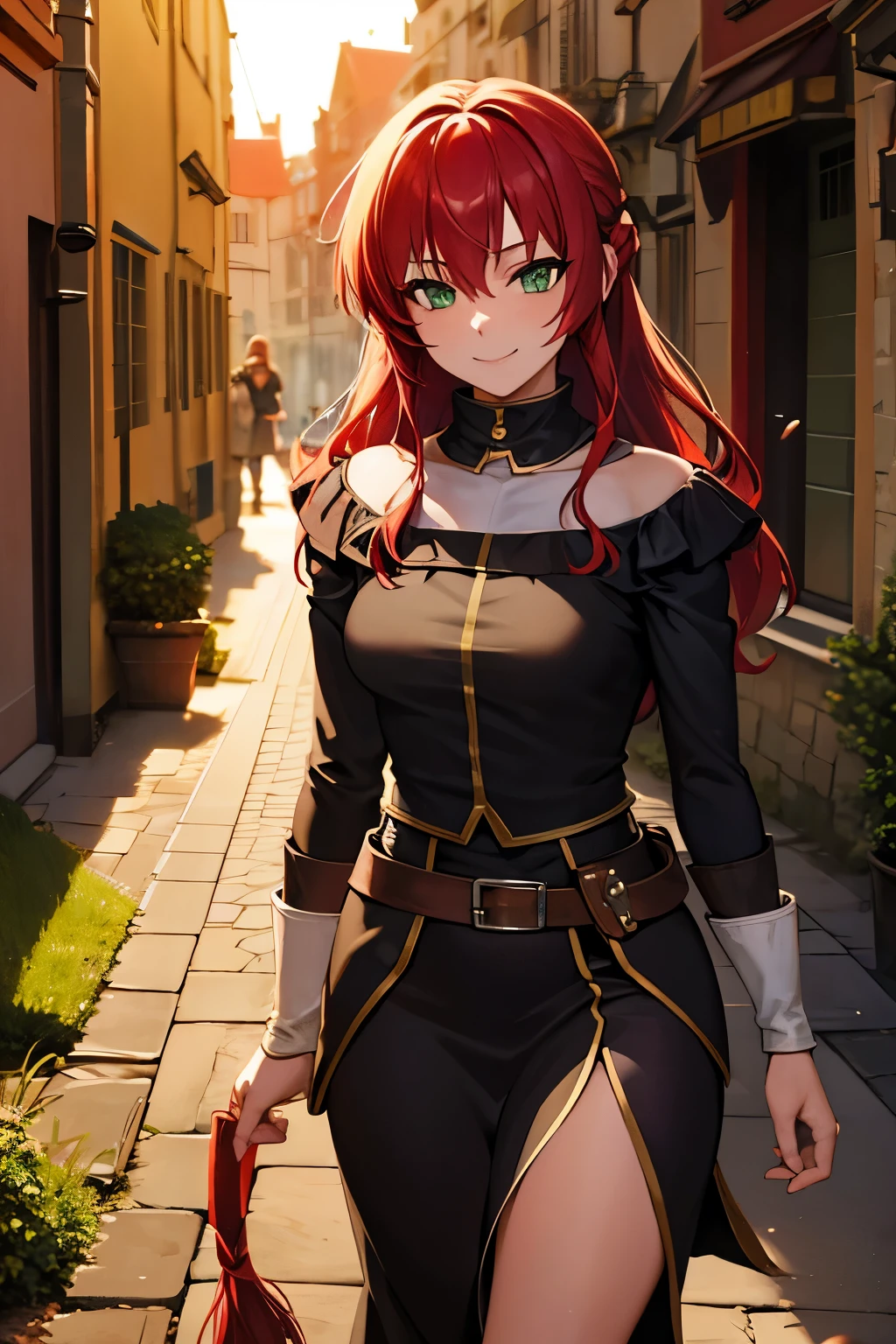 8k wallpaper, masterpiece, movie lighting, medieval setting, Beautiful female rogue with red hair and greenish eyes walking on a winding road with a smile on her face, sunrise with clear skies background