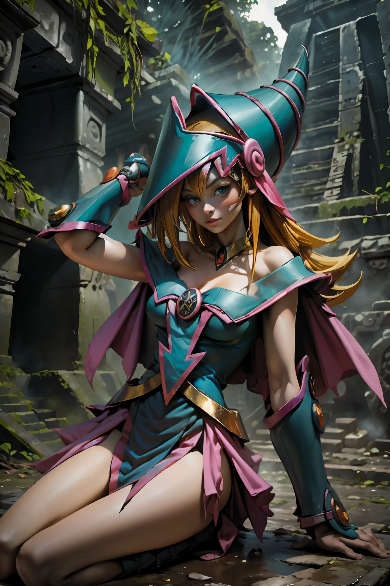 Hermosa dark magician gils. She is in the Mayan jungle. En medio de las ruinas mayas de Tikal. 