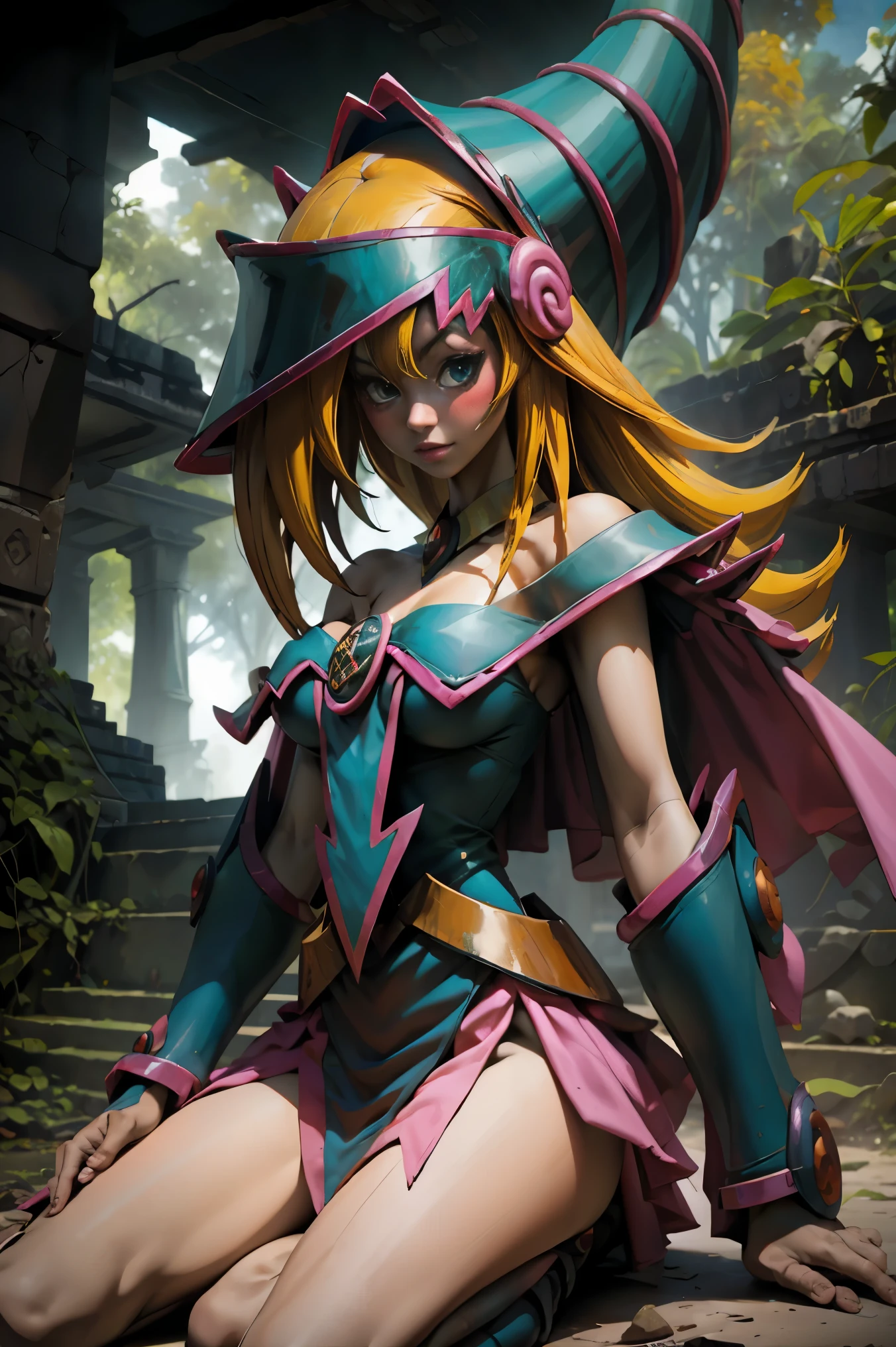 Hermosa dark magician gils. She is in the Mayan jungle. En medio de las ruinas mayas de Tikal. 