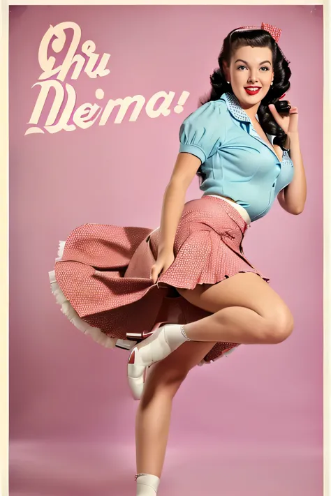 perfect sexy face, Ultra high resolution The girl leans forward at full heigh adding mystery and sexuality. (((Full length. the fluffy skirt rides up in the strong wind))) (((full skirt in pin-up style, knee length))) The dress in the style of the 1950s po...
