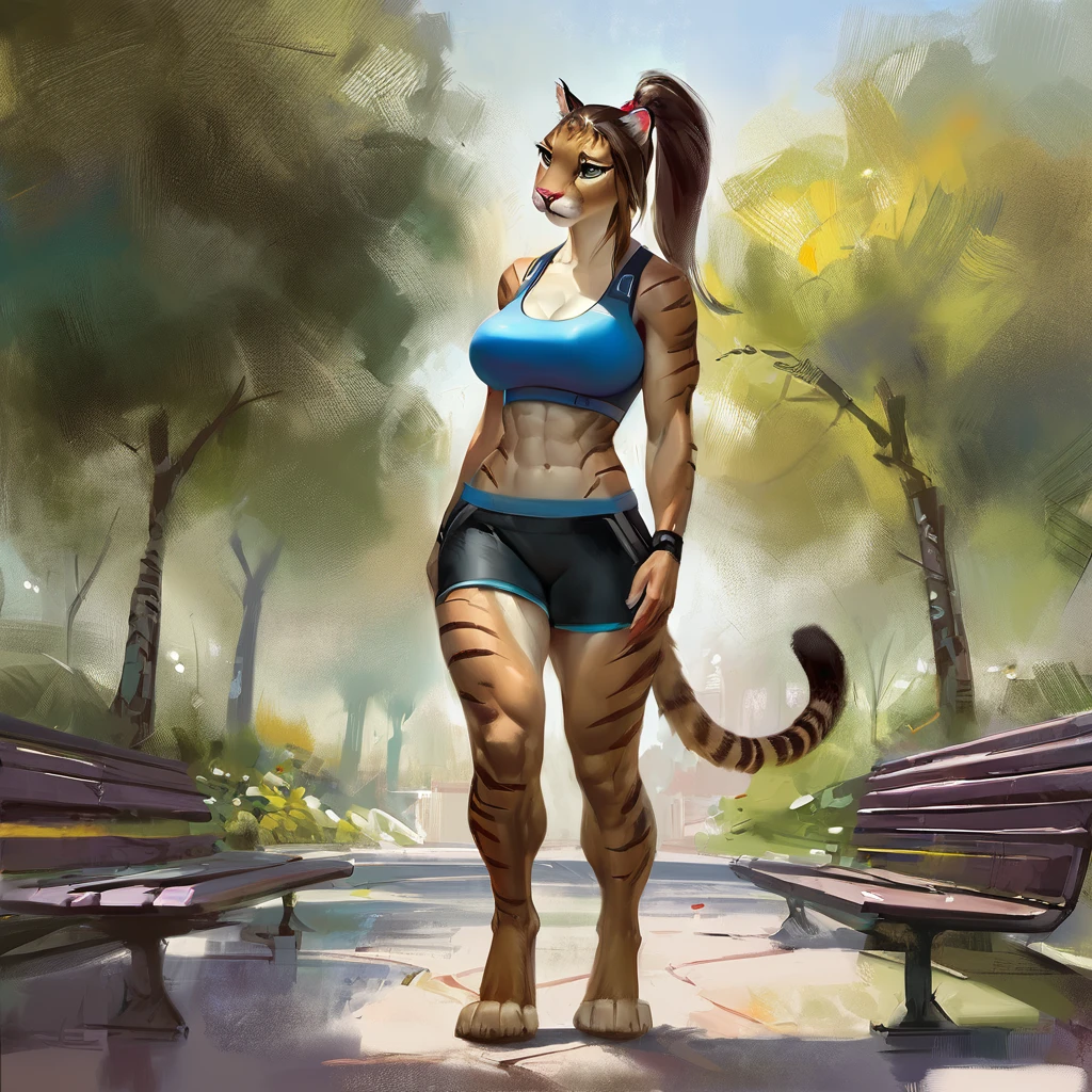 Female puma, solo, masterpiece, best art, digitigrade, by pino daeni, shorts, detailed hands, detailed eyes, detailed torso, standing, park, tired expression, muscular, abs, sports bra, ponytail hair, stripes, hrothgar