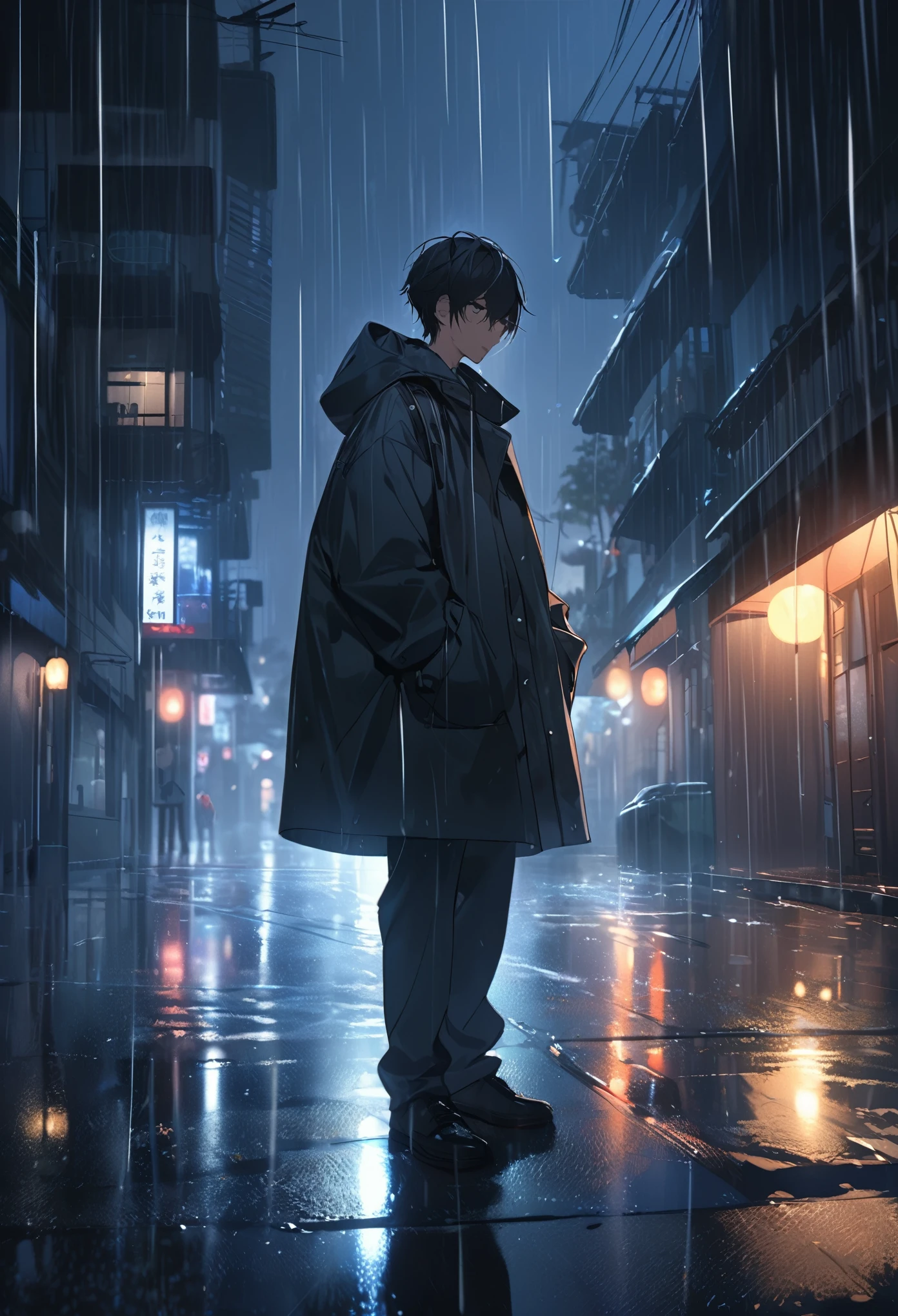 Lonely boy standing in night while raining,all dark ,4k,masterpiece,best quality