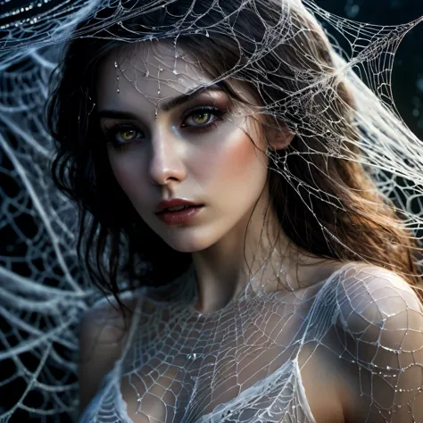 (best quality,4k,8k,highres,masterpiece:1.2),ultra-detailed,realistic:1.37,a woman entangled in the spider's web, cobweb,horrify...